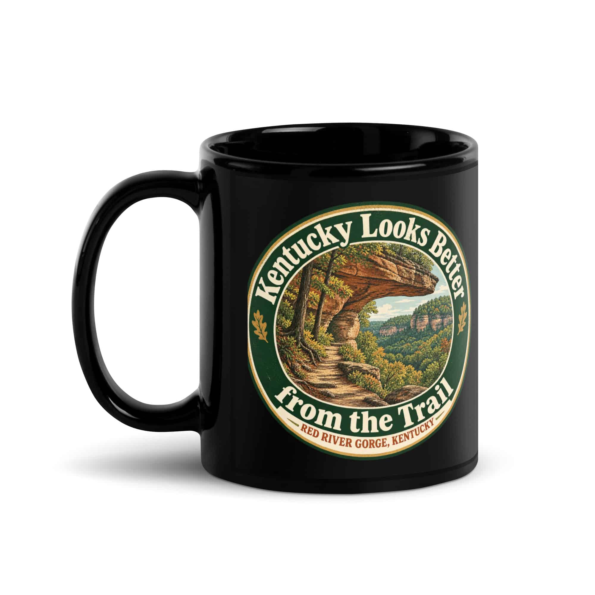 Red River Gorge Black Coffee Mug: Kentucky Looks Better from the Trail, Vintage Round Badge
