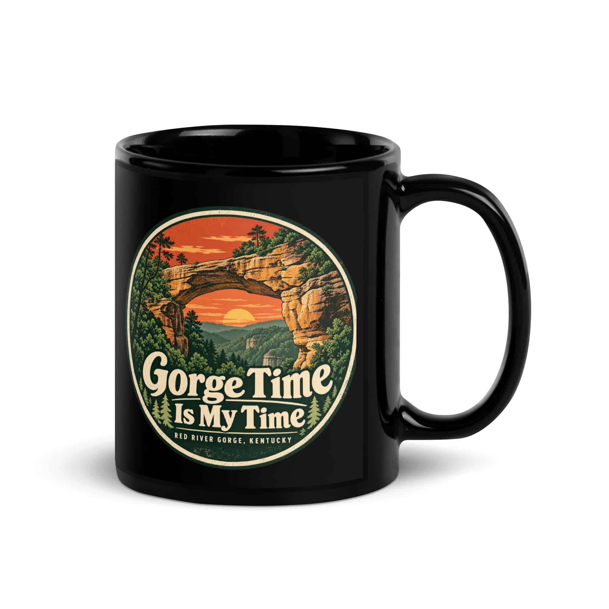 Red River Gorge Black Coffee Mug: Gorge Time Is My Time, Vintage Round Badge