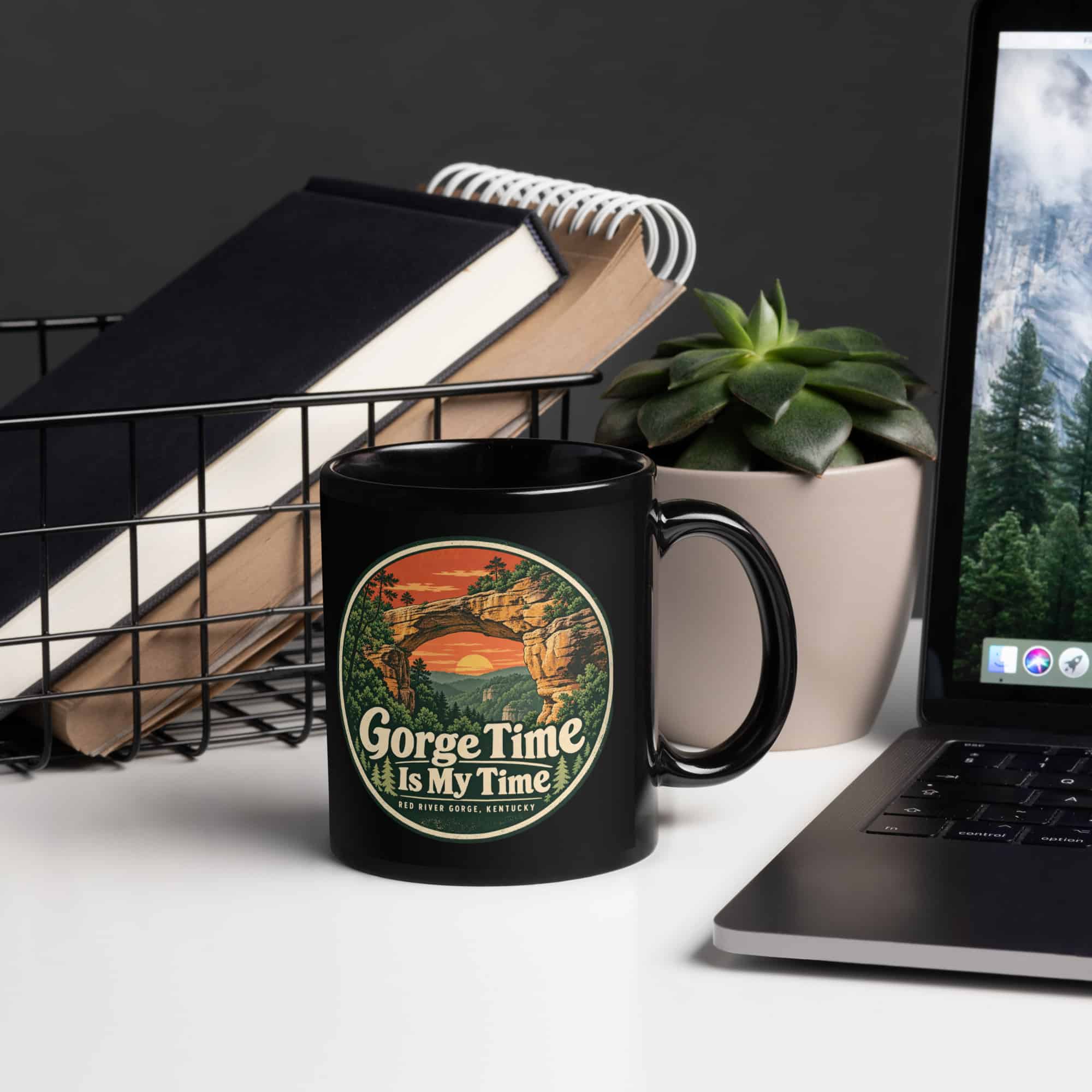 Red River Gorge Black Coffee Mug: Gorge Time Is My Time, Vintage Round Badge