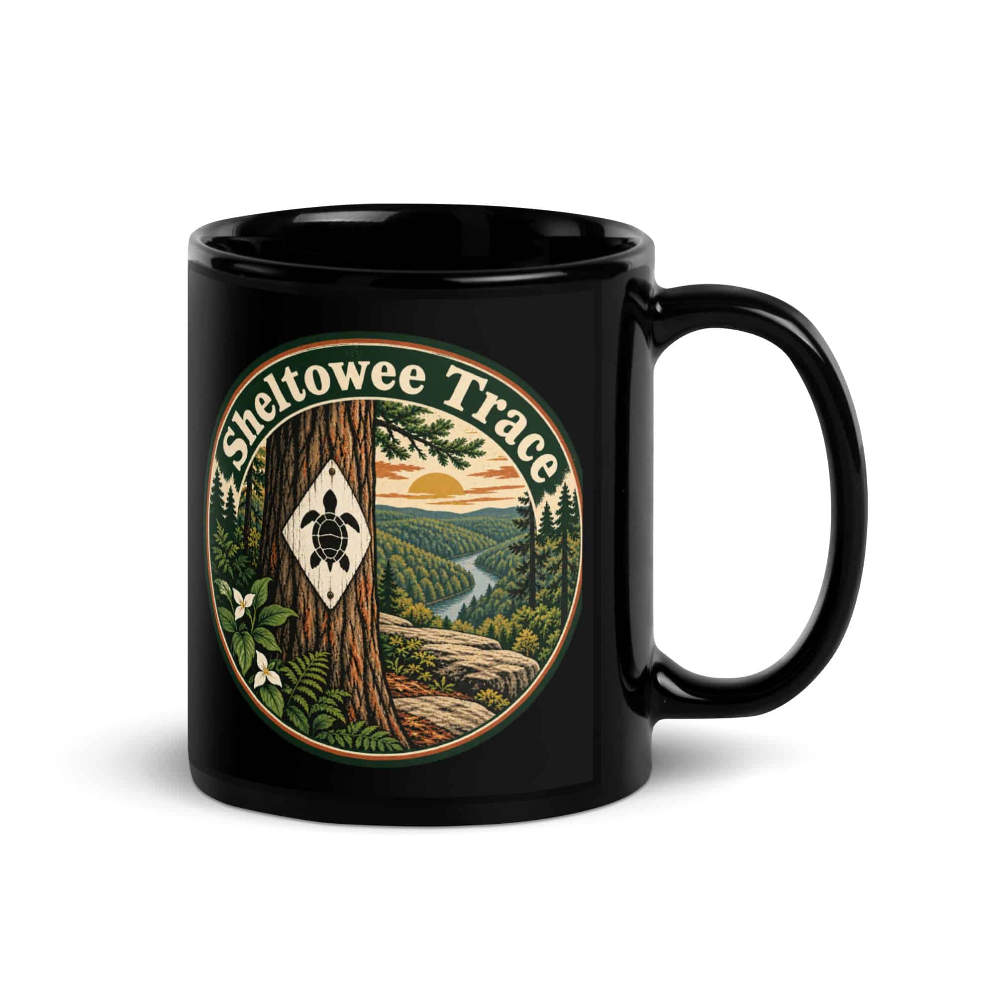 Sheltowee Trace Black Coffee Mug: Turtle Trail Badge