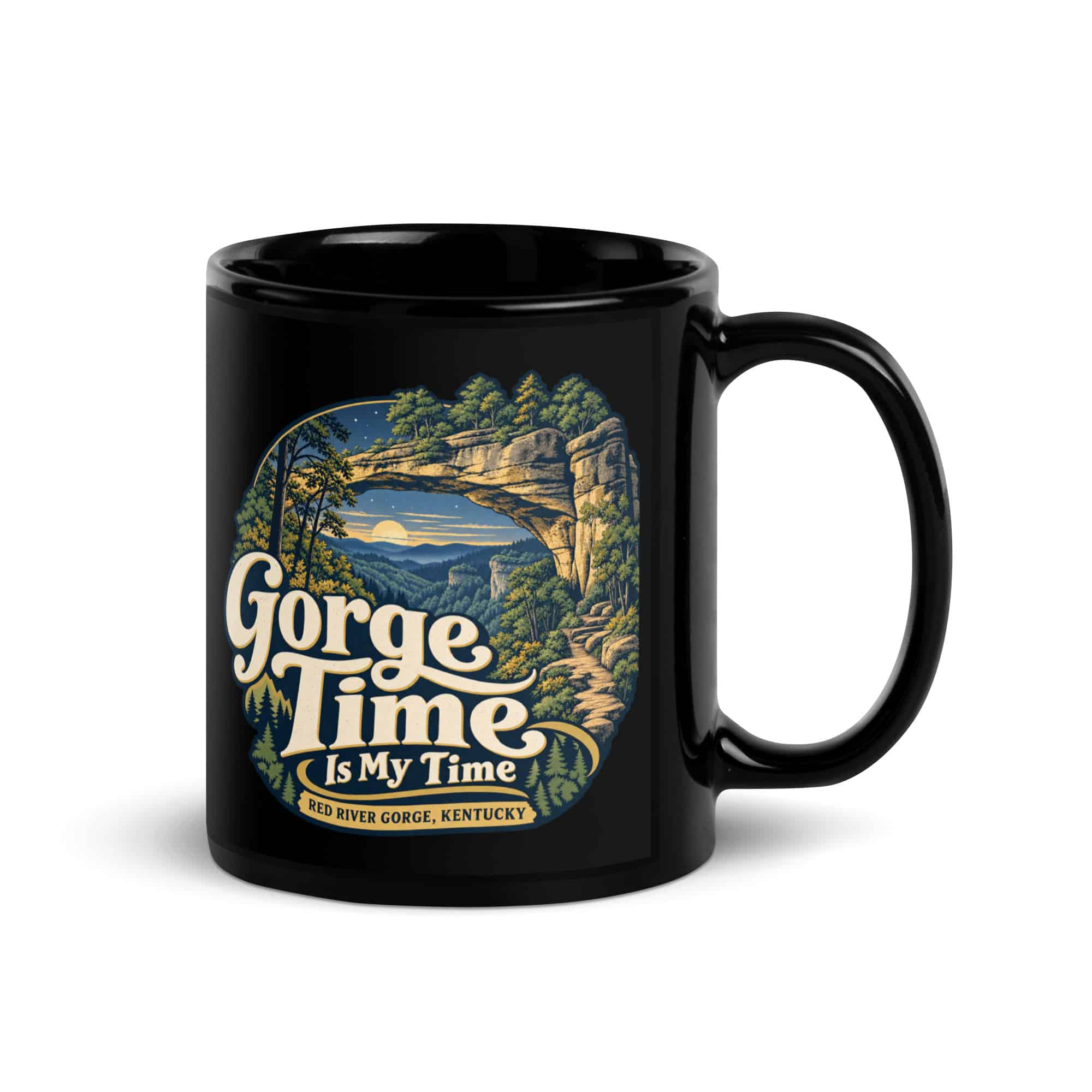 Red River Gorge Black Coffee Mug: Gorge Time Is My Time, Woodland Arch Typography