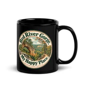 Red River Gorge Black Coffee Mug: Red River Gorge. My Happy Place., Vintage Round Badge, product view 1