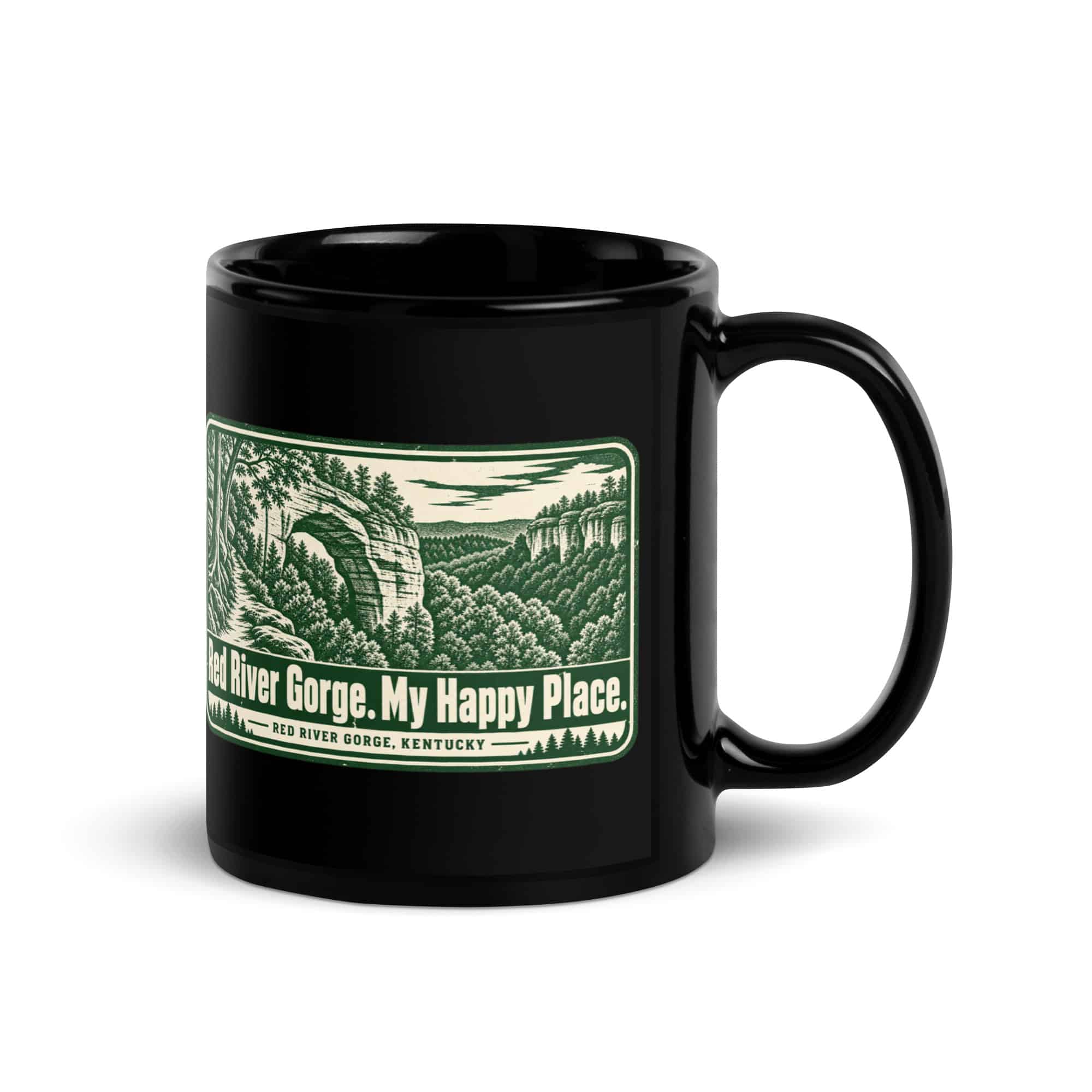 Red River Gorge Black Coffee Mug: Red River Gorge. My Happy Place, Forest Stamp