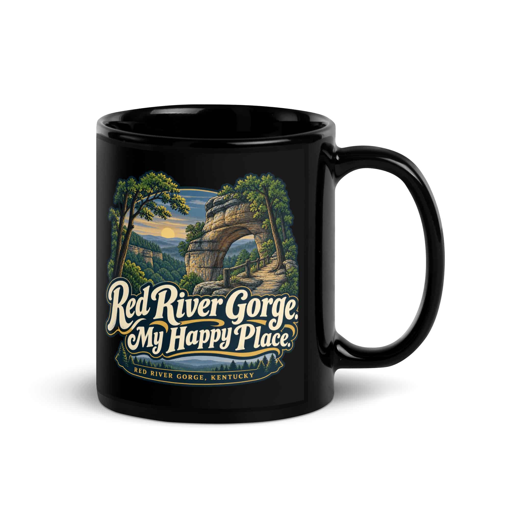 Red River Gorge Black Coffee Mug: Red River Gorge. My Happy Place, Woodland Arch Typography