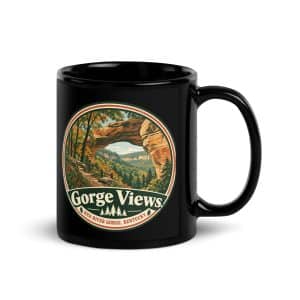 Red River Gorge Black Coffee Mug: Gorge Views, Vintage Round Badge, product view 1