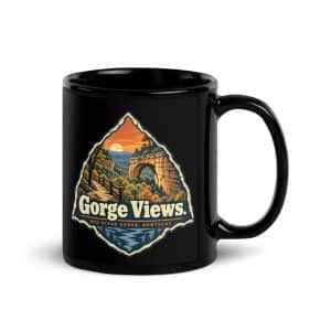 Red River Gorge Black Coffee Mug: Gorge Views, Sunset Arch Badge, product view 1