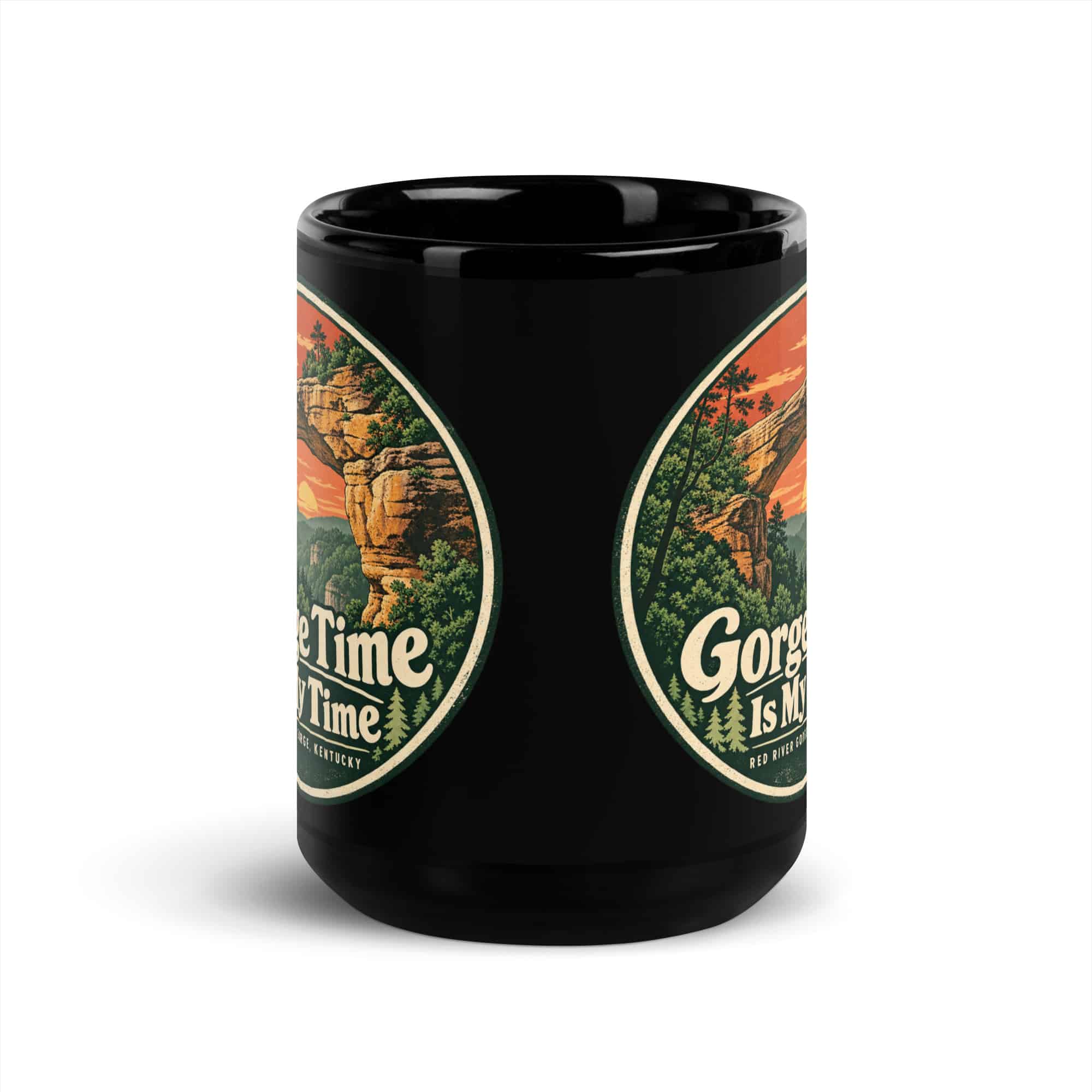 Red River Gorge Black Coffee Mug: Gorge Time Is My Time, Vintage Round Badge