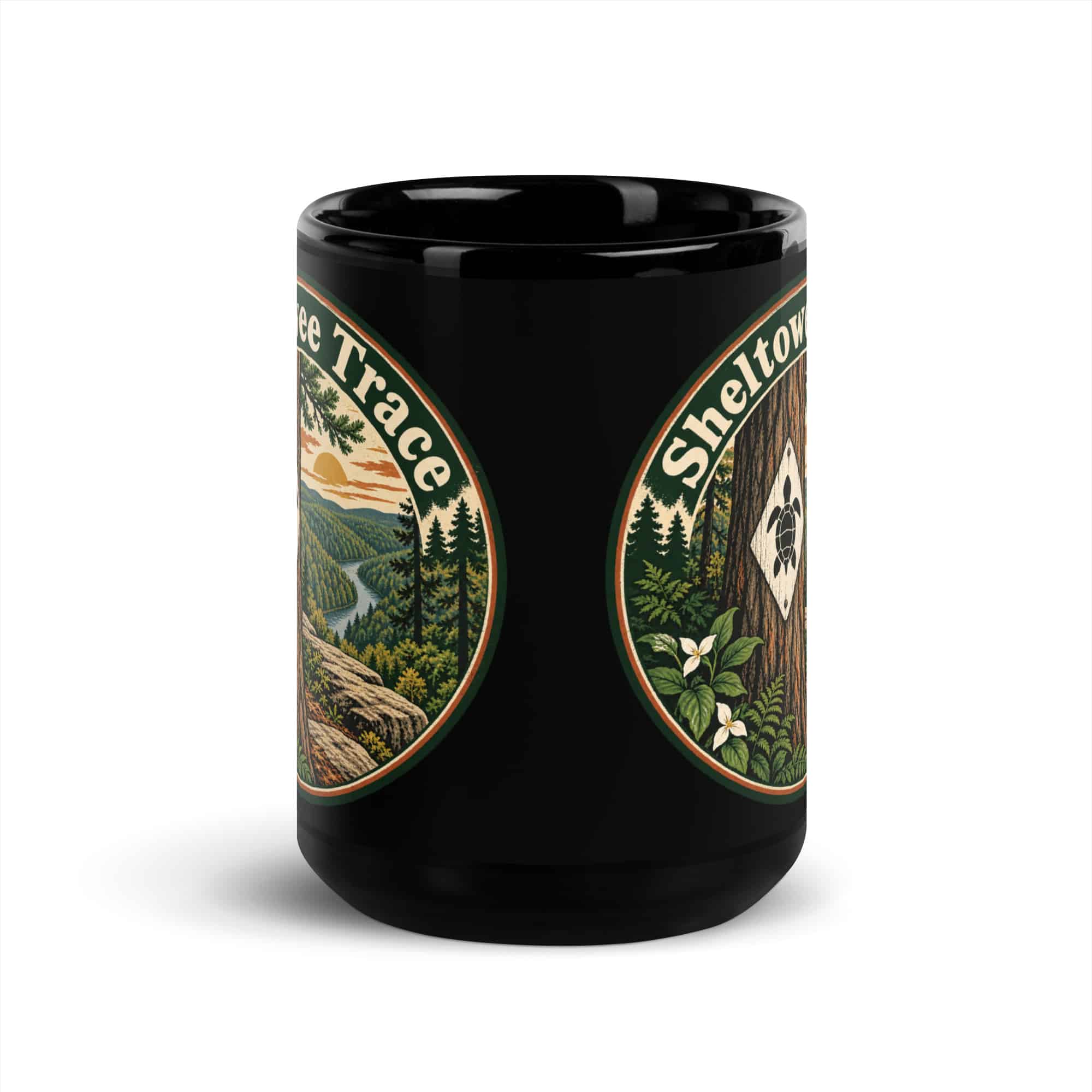 Sheltowee Trace Black Coffee Mug: Turtle Trail Badge