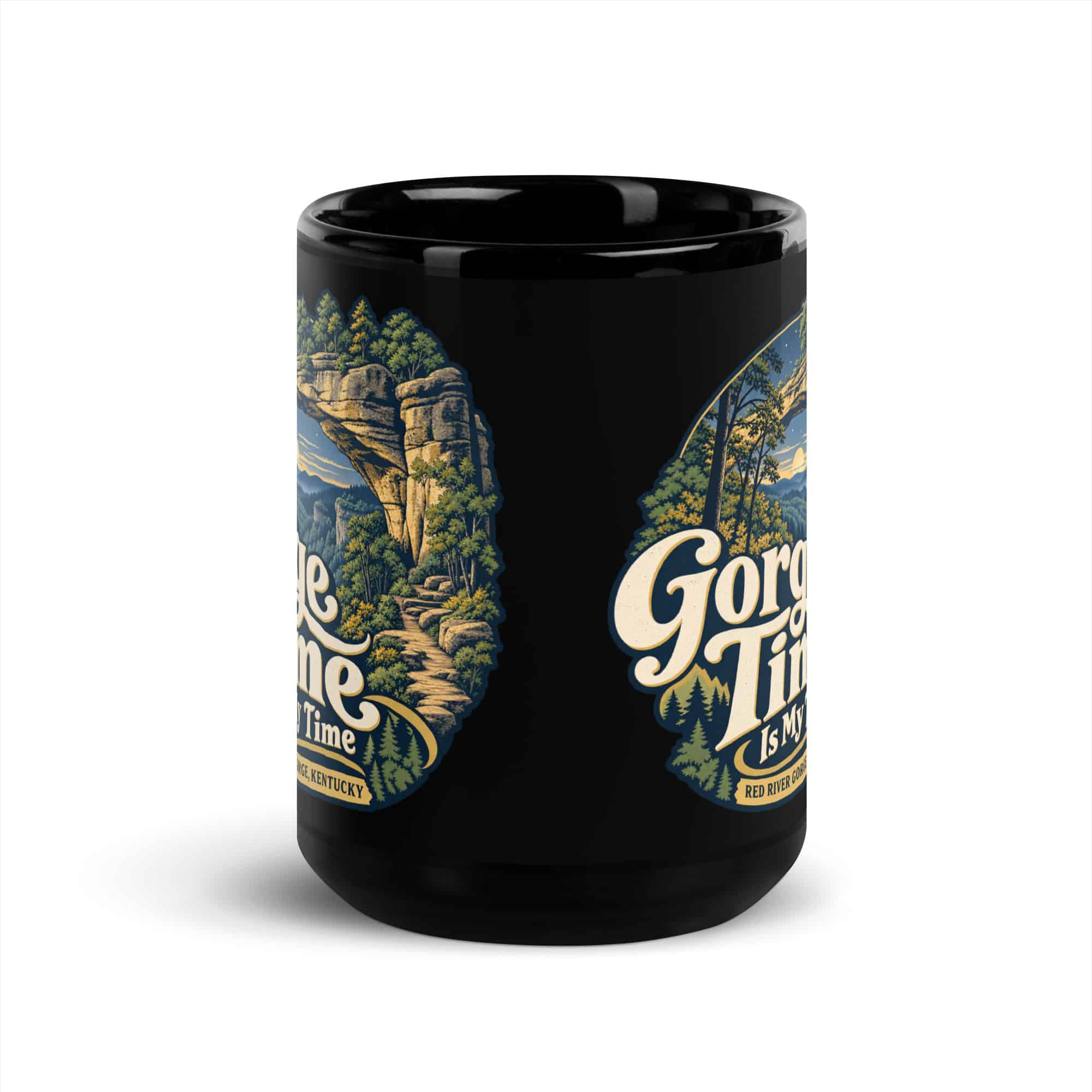 Red River Gorge Black Coffee Mug: Gorge Time Is My Time, Woodland Arch Typography
