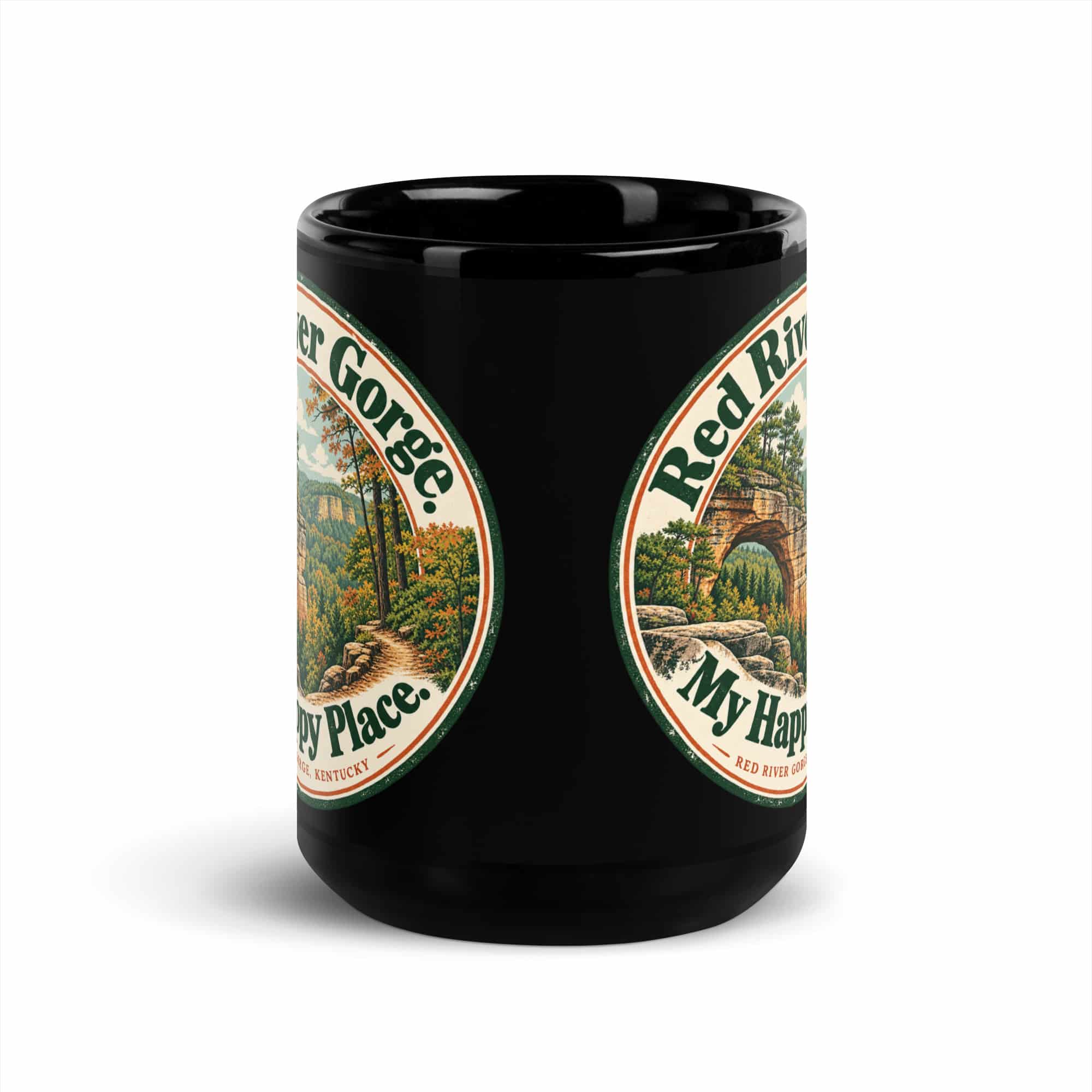 Red River Gorge Black Coffee Mug: Red River Gorge. My Happy Place., Vintage Round Badge