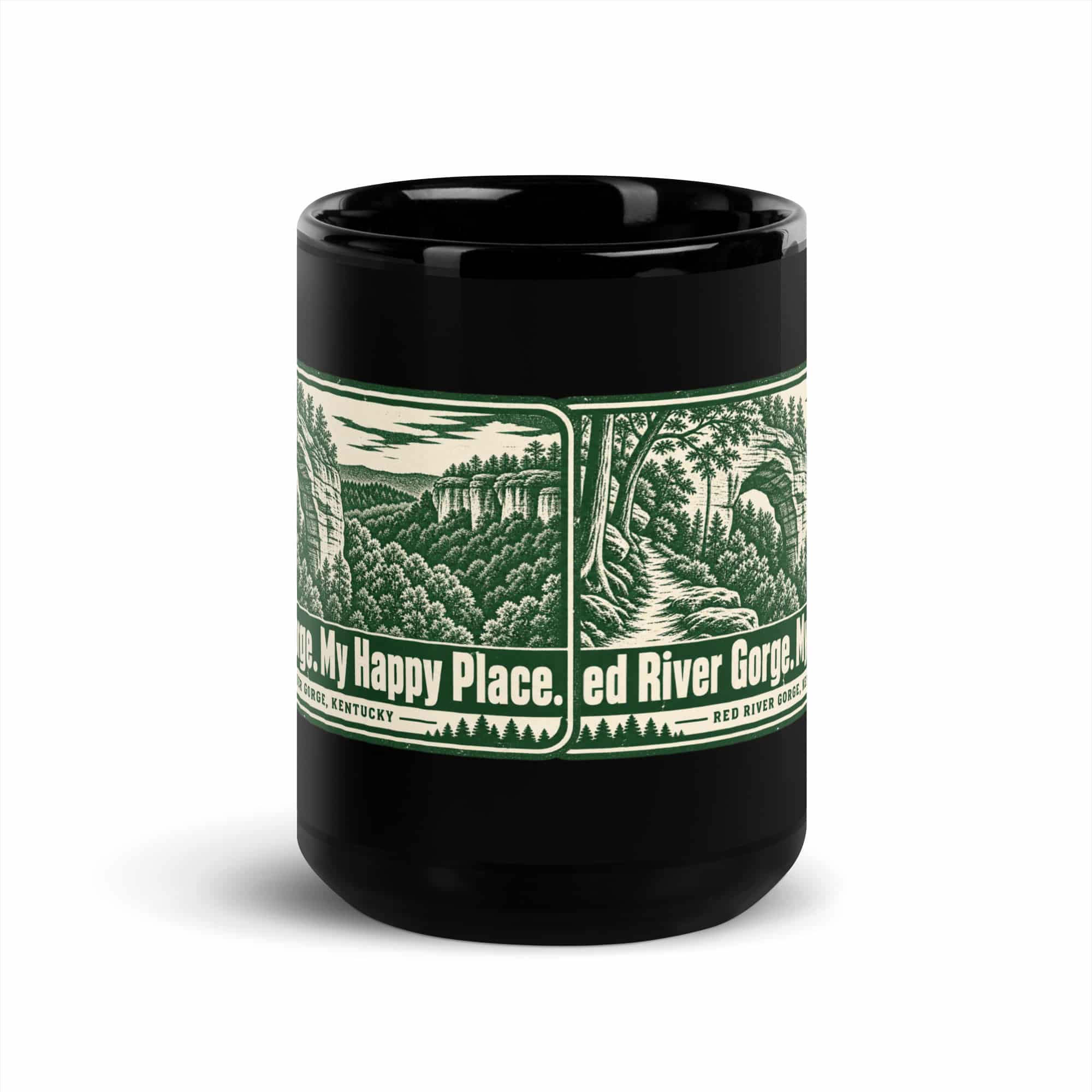 Red River Gorge Black Coffee Mug: Red River Gorge. My Happy Place, Forest Stamp