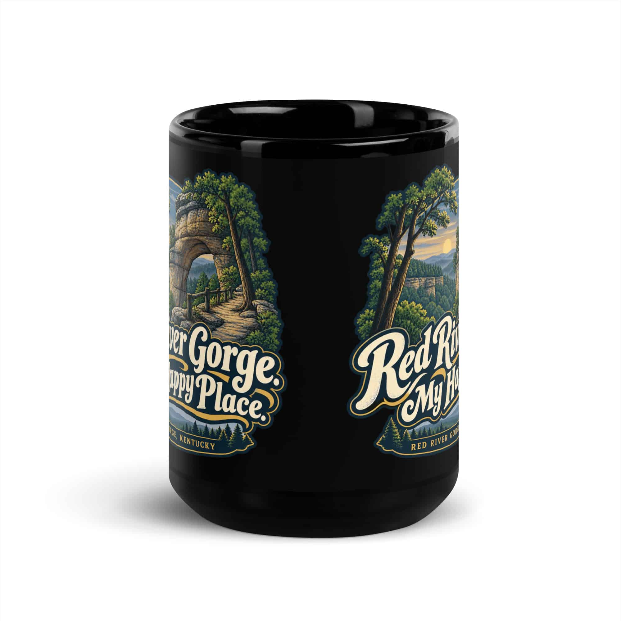 Red River Gorge Black Coffee Mug: Red River Gorge. My Happy Place, Woodland Arch Typography