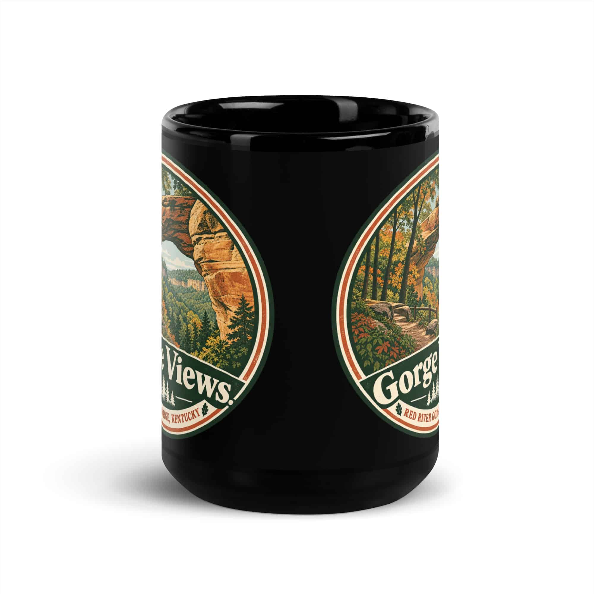 Red River Gorge Black Coffee Mug: Gorge Views, Vintage Round Badge