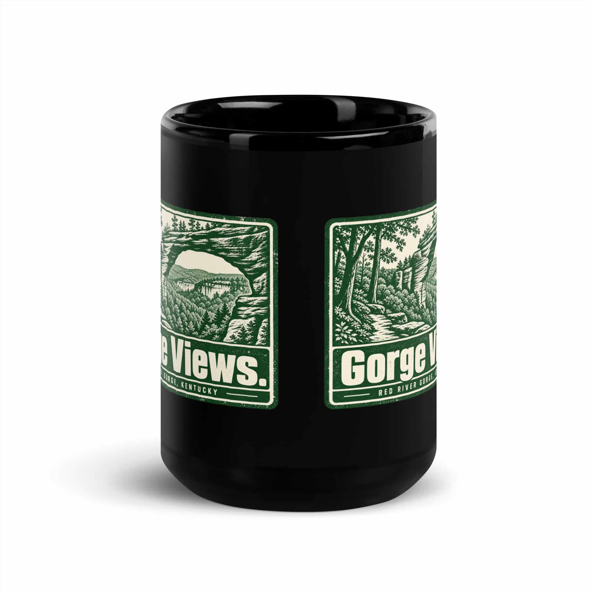 Red River Gorge Black Coffee Mug: Gorge Views, Forest Stamp