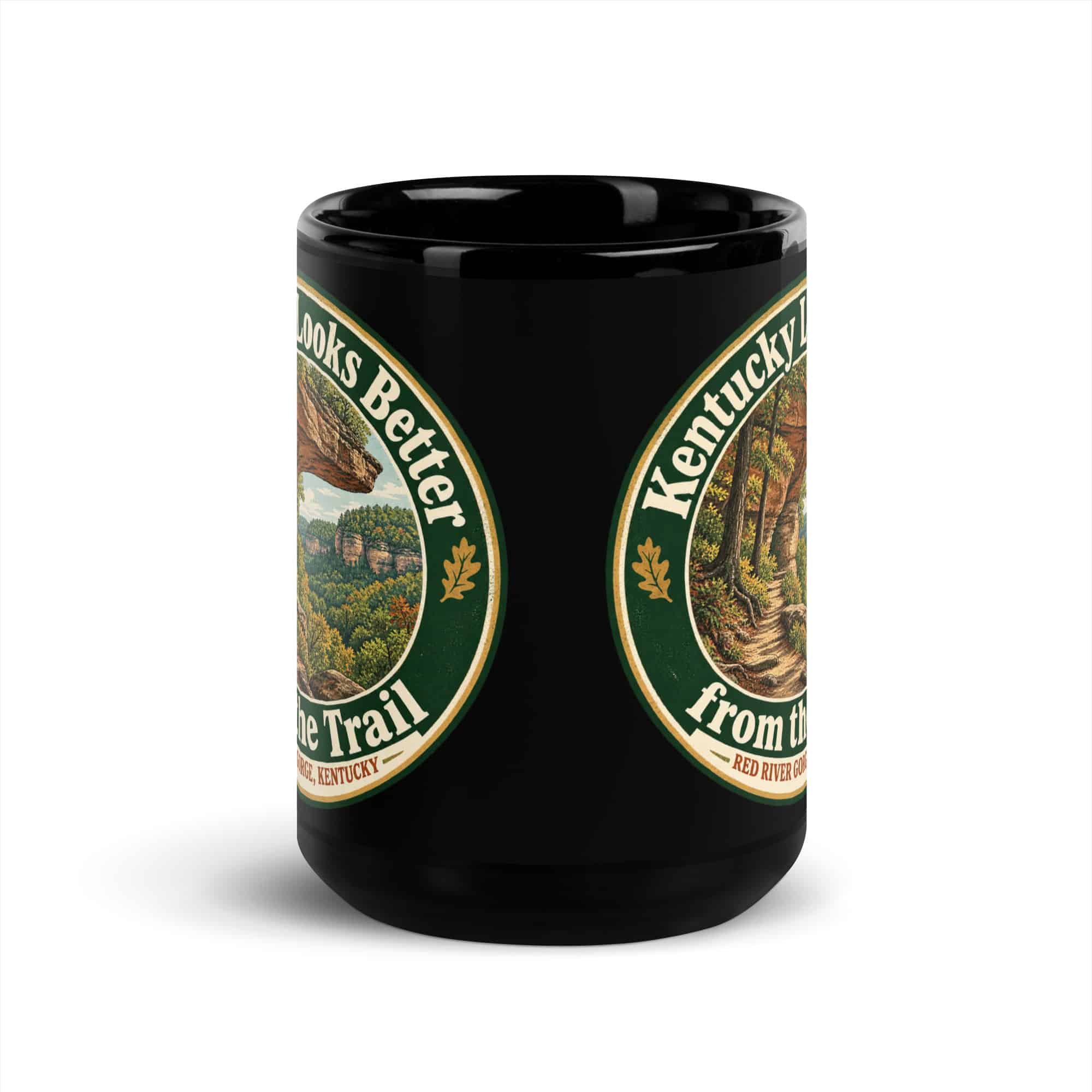 Red River Gorge Black Coffee Mug: Kentucky Looks Better from the Trail, Vintage Round Badge