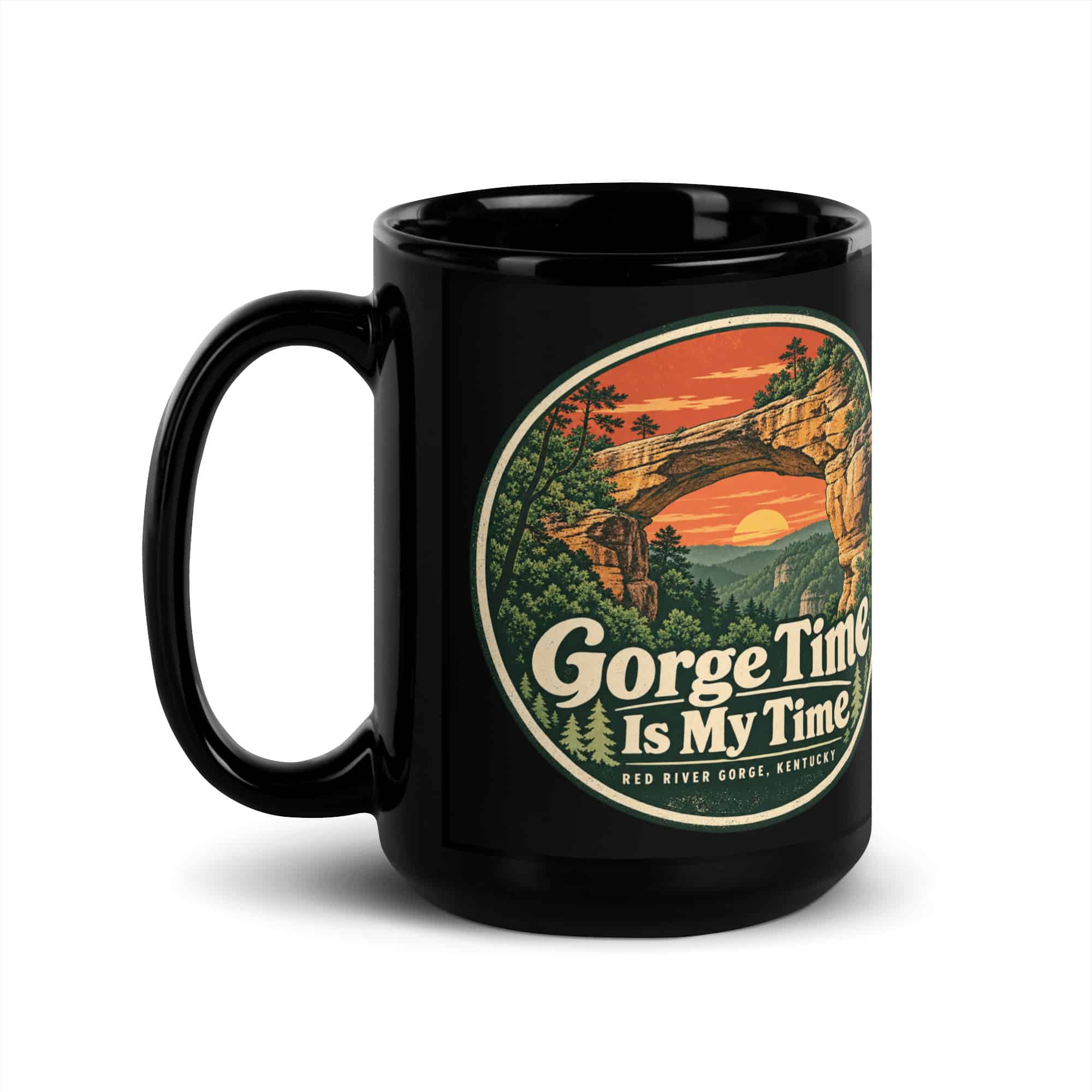 Red River Gorge Black Coffee Mug: Gorge Time Is My Time, Vintage Round Badge