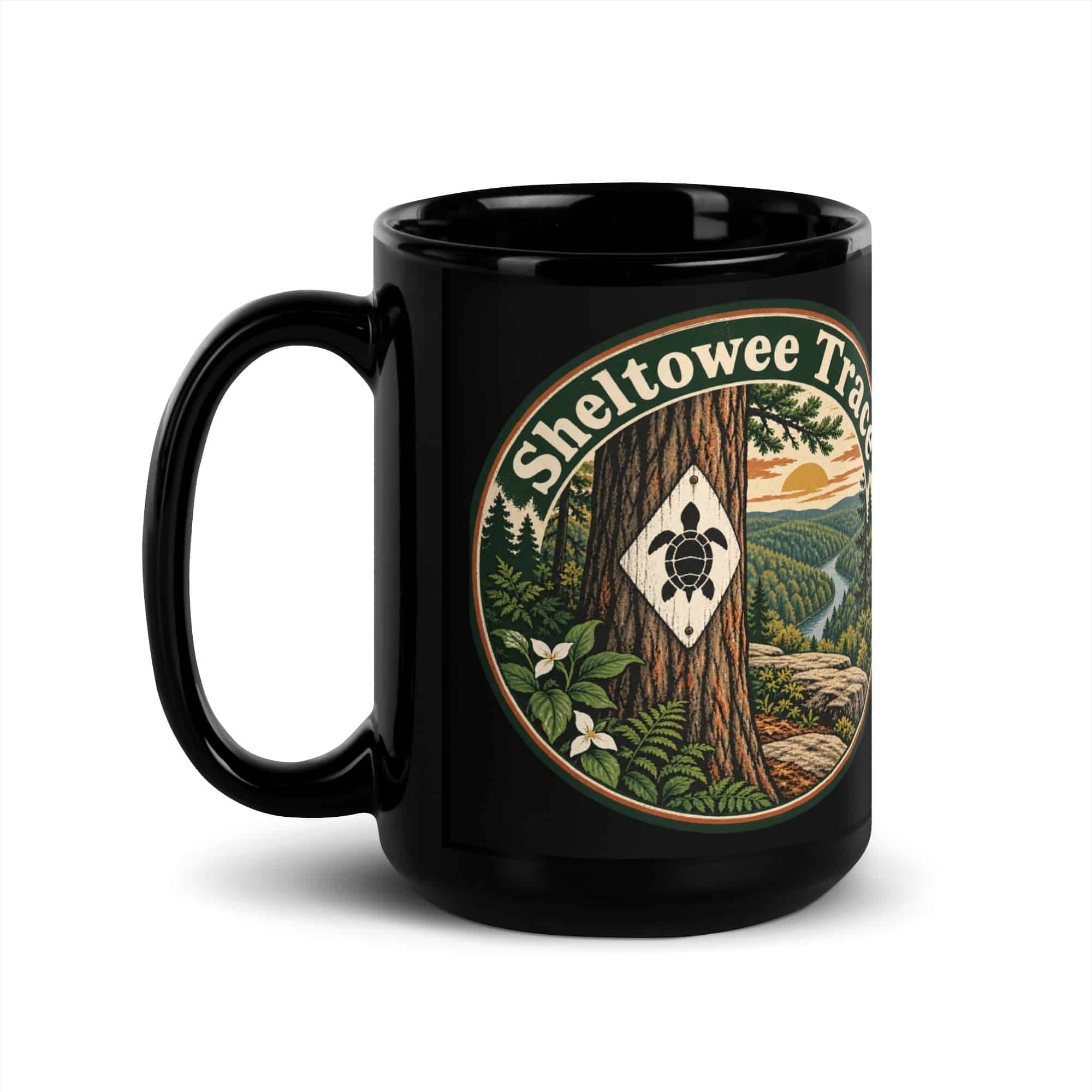 Sheltowee Trace Black Coffee Mug: Turtle Trail Badge