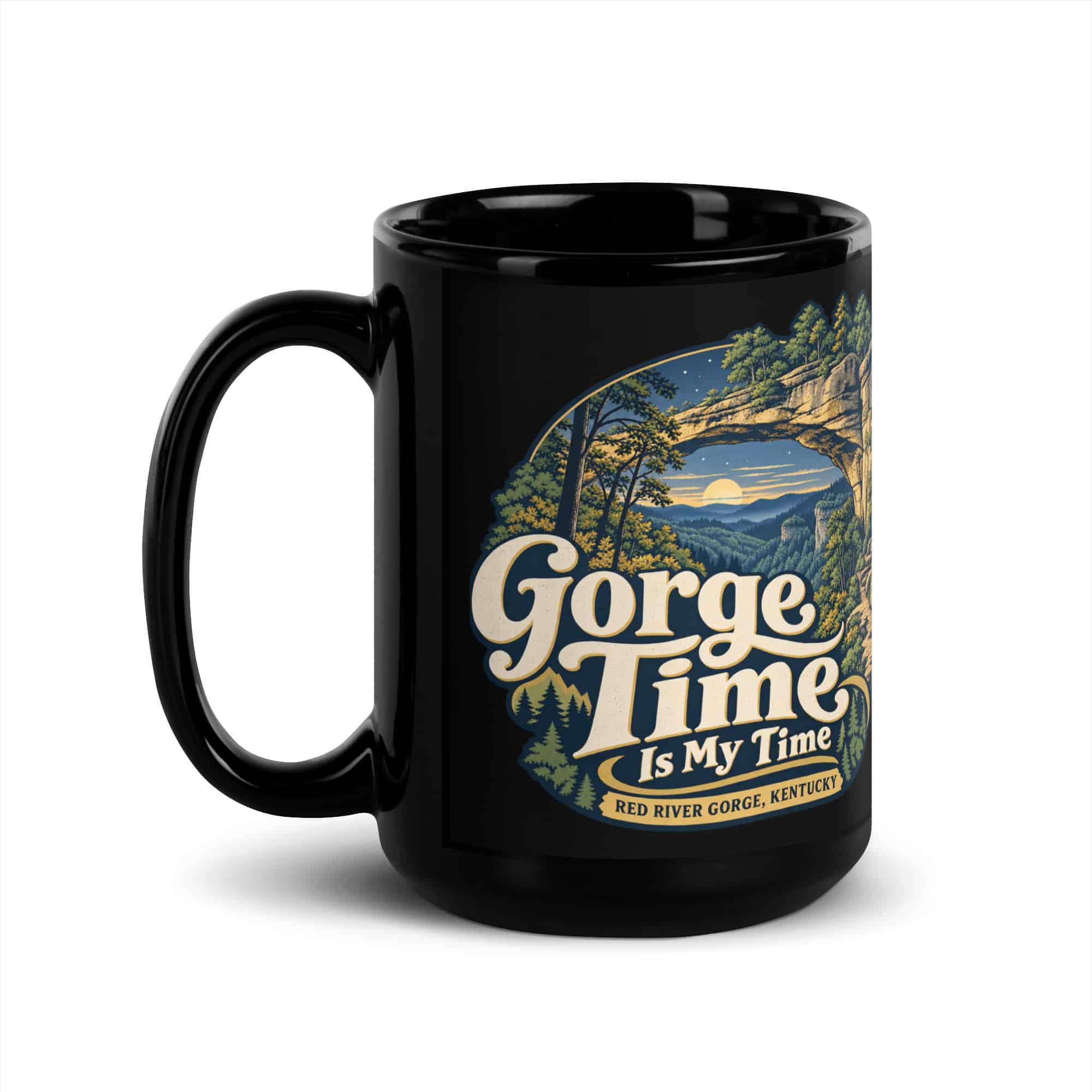 Red River Gorge Black Coffee Mug: Gorge Time Is My Time, Woodland Arch Typography