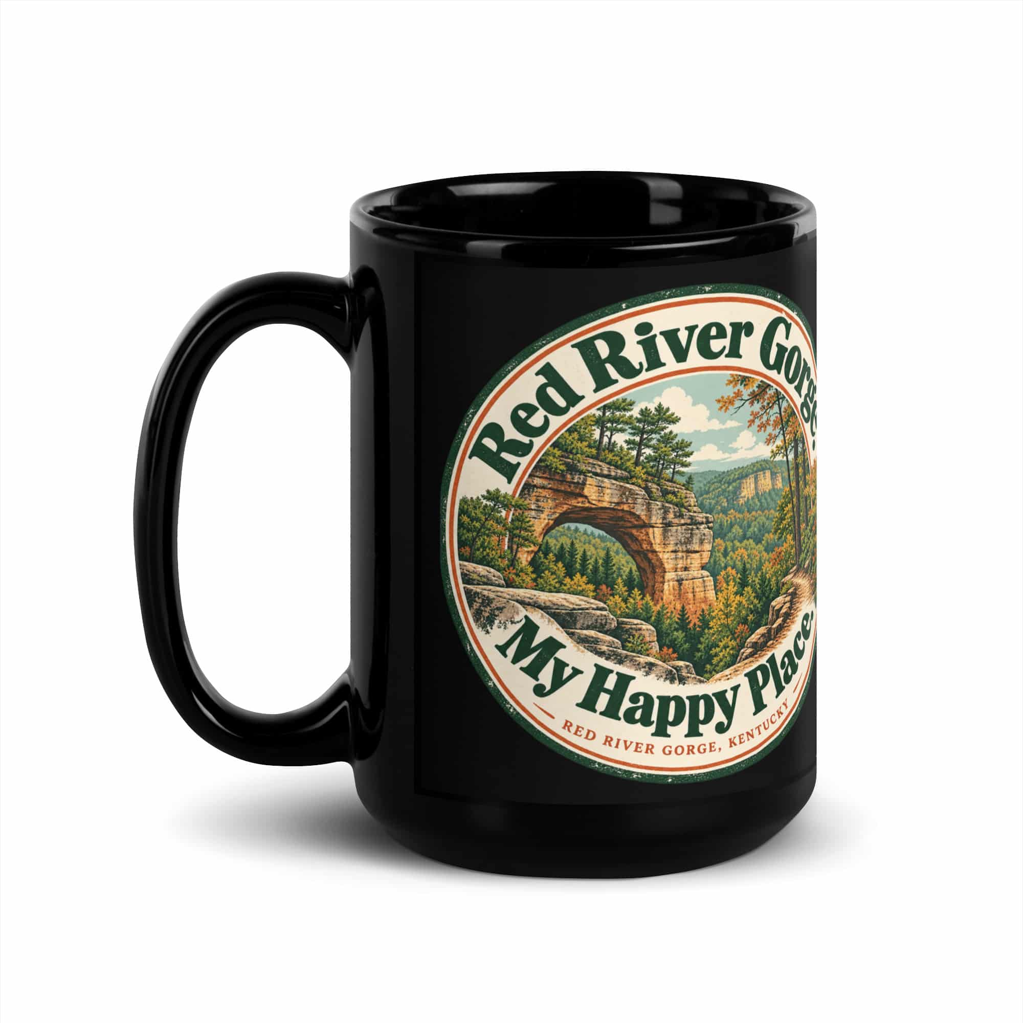 Red River Gorge Black Coffee Mug: Red River Gorge. My Happy Place., Vintage Round Badge