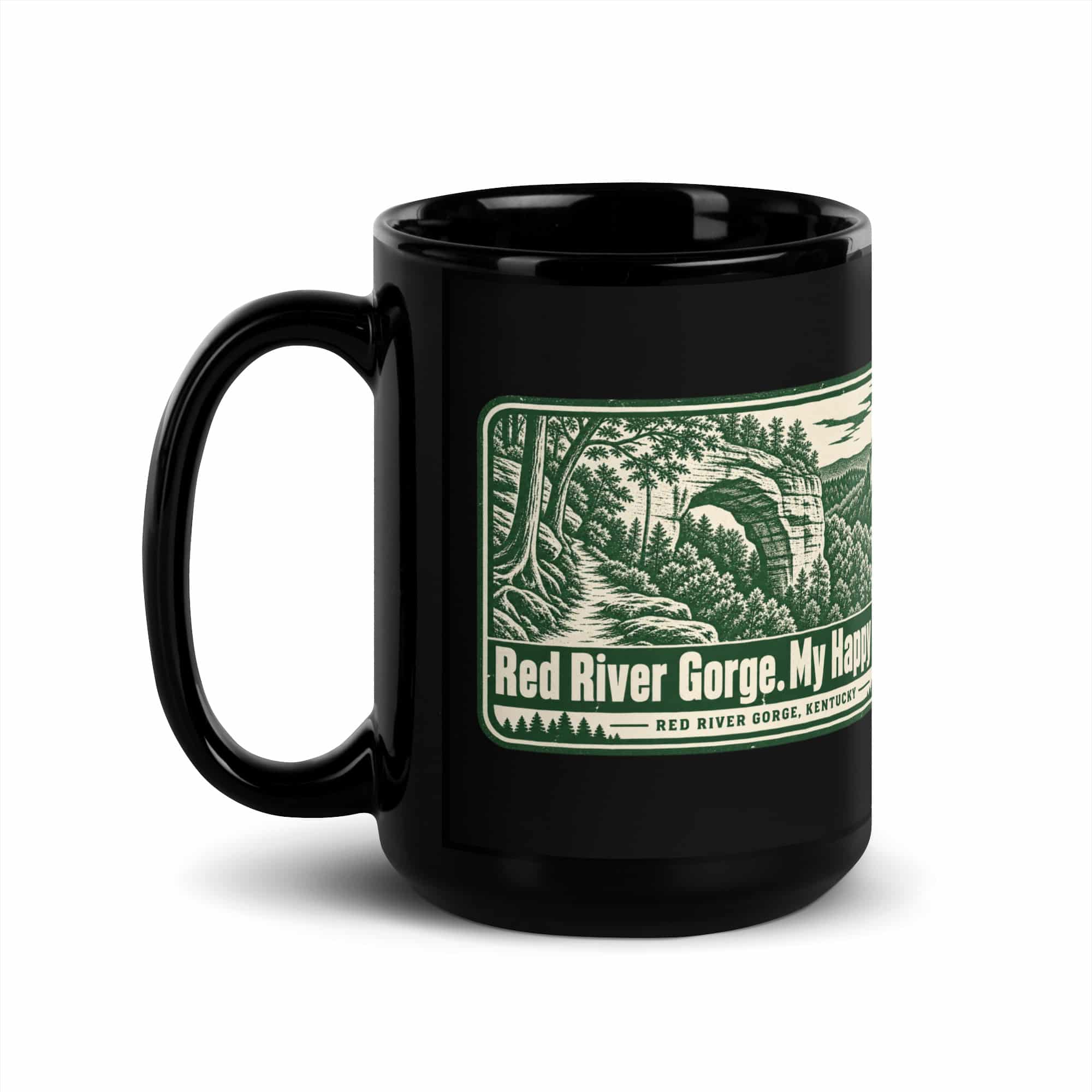 Red River Gorge Black Coffee Mug: Red River Gorge. My Happy Place, Forest Stamp