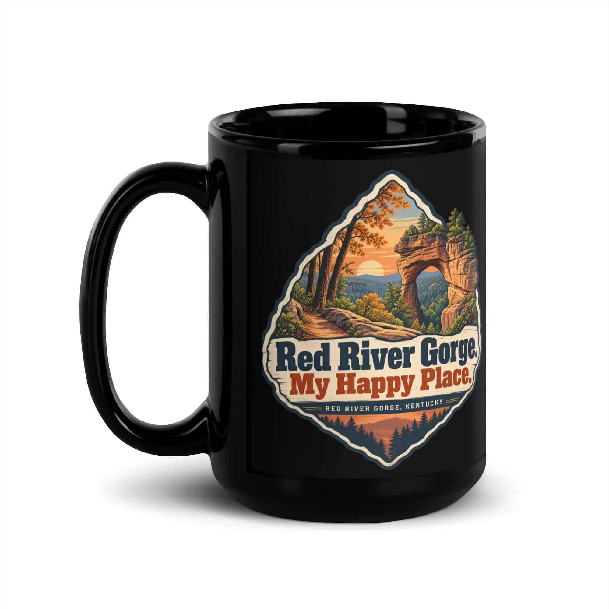 Red River Gorge Black Coffee Mug: Red River Gorge. My Happy Place, Sunset Arch Badge