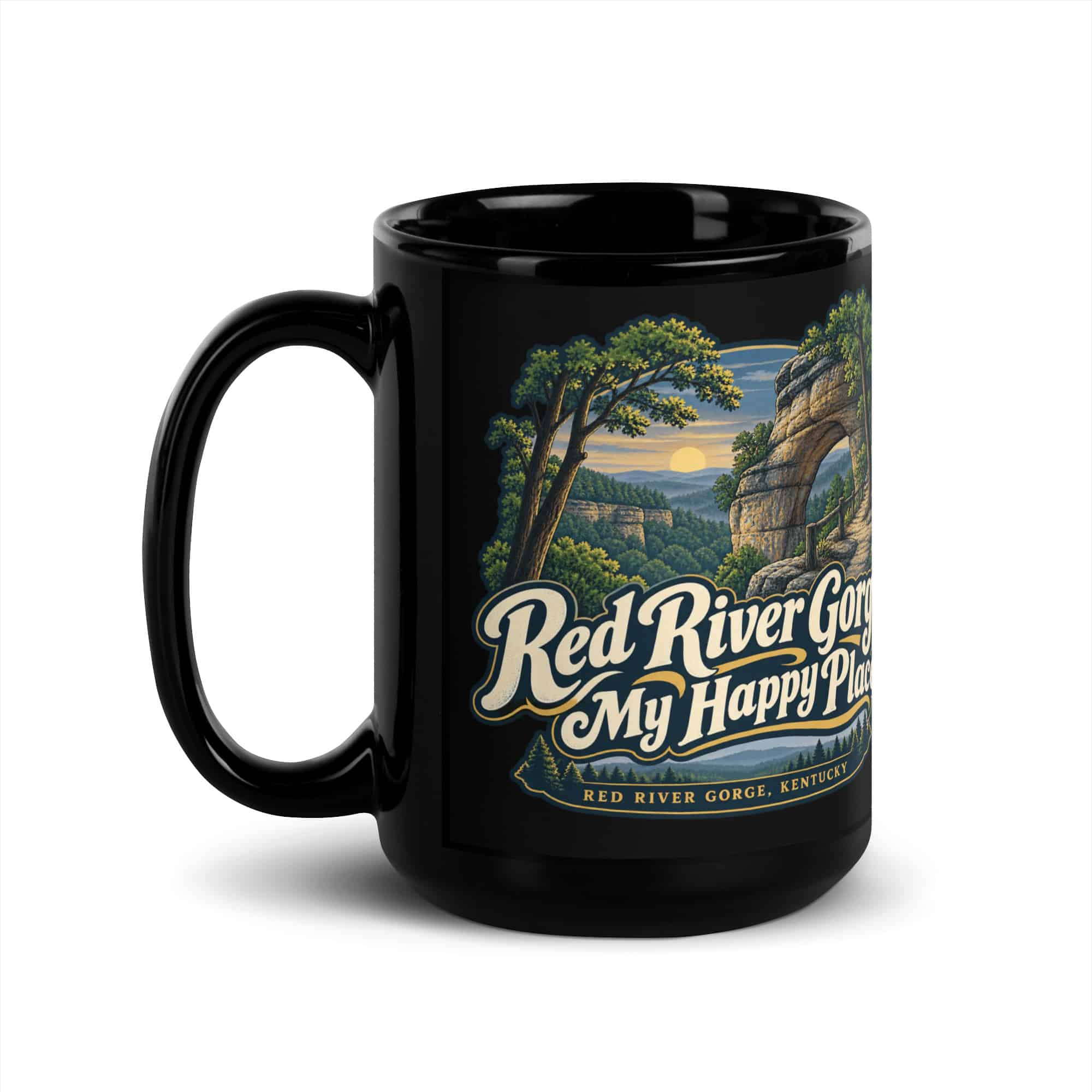 Red River Gorge Black Coffee Mug: Red River Gorge. My Happy Place, Woodland Arch Typography