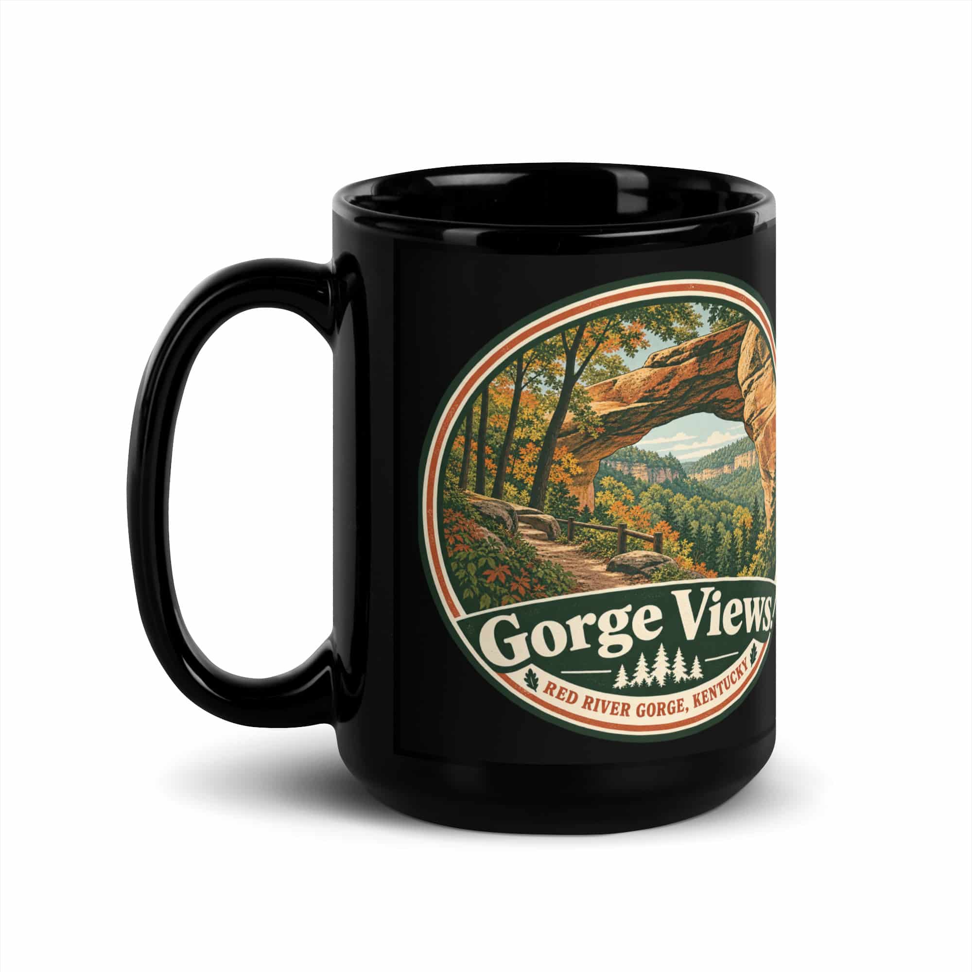 Red River Gorge Black Coffee Mug: Gorge Views, Vintage Round Badge