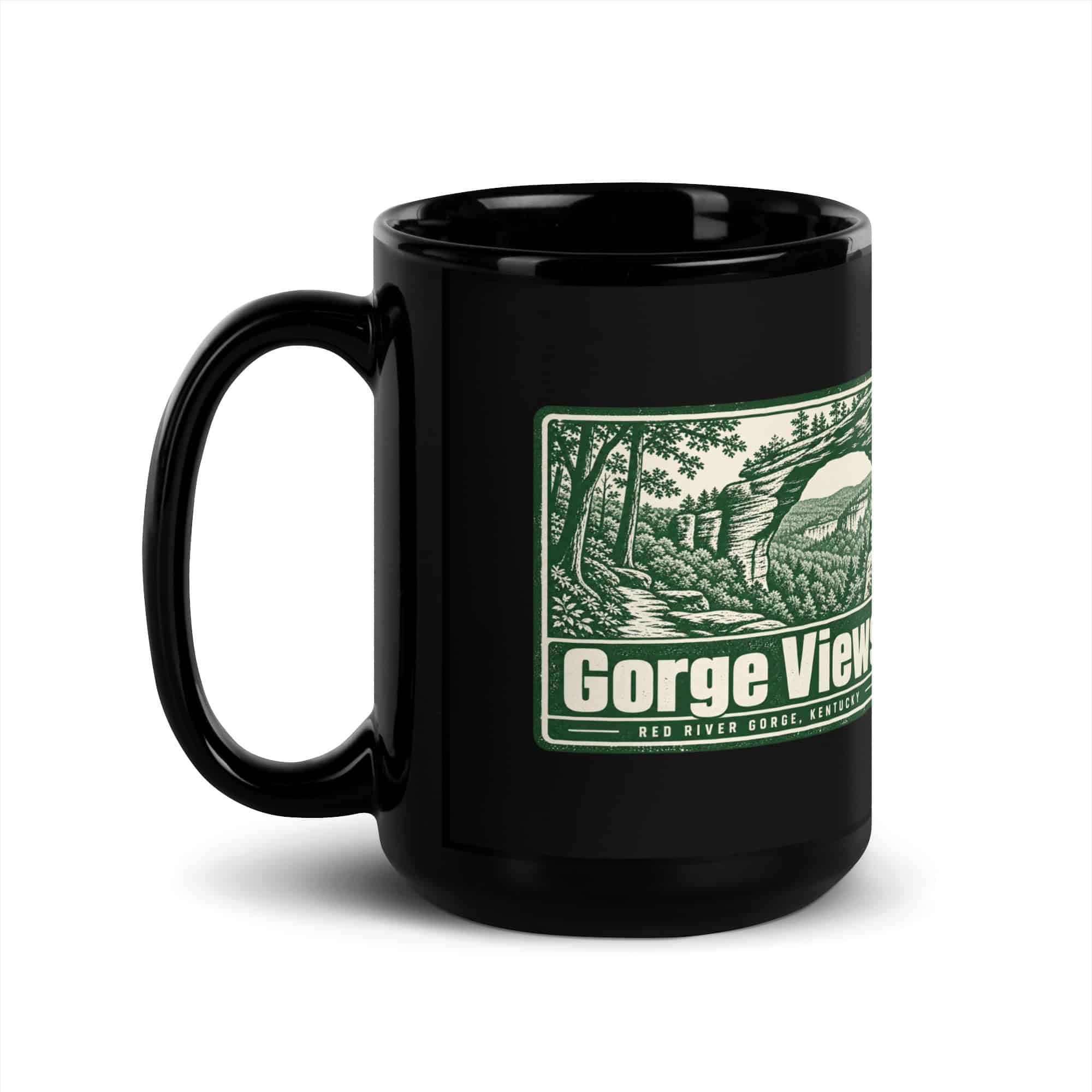 Red River Gorge Black Coffee Mug: Gorge Views, Forest Stamp