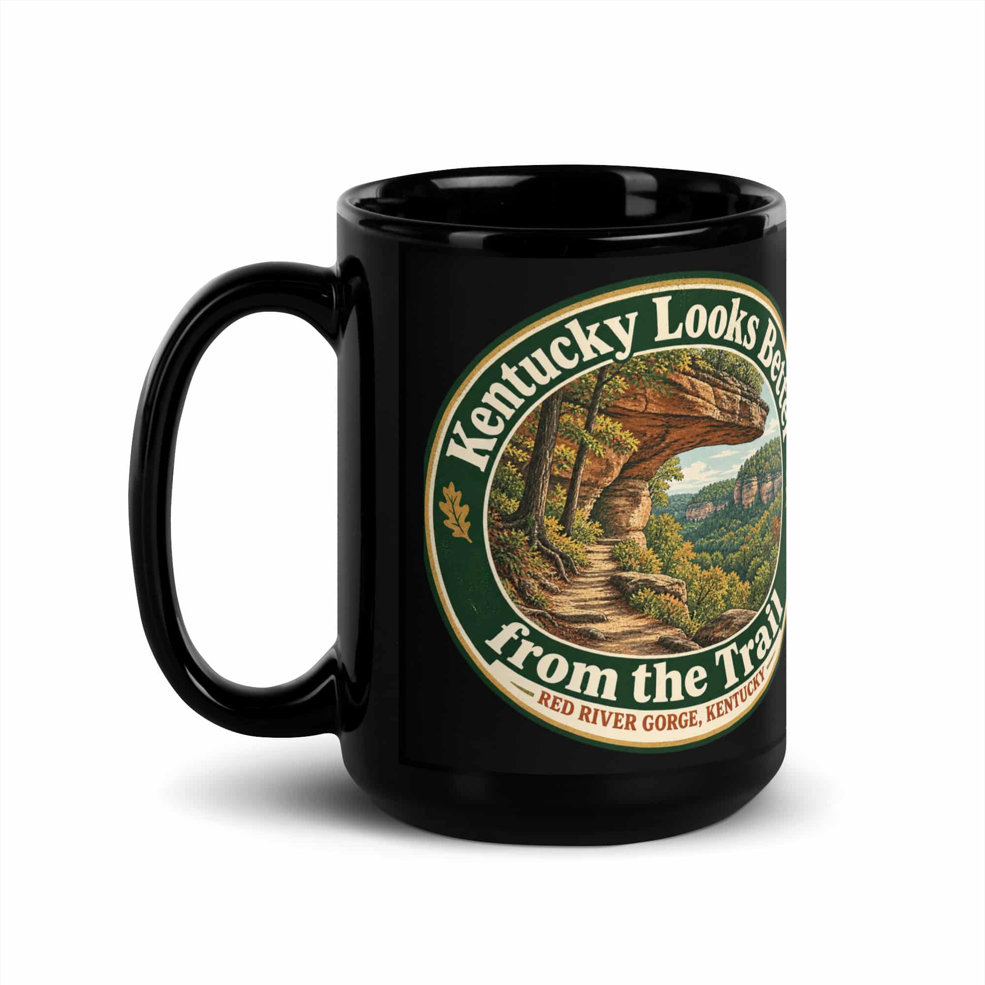 Red River Gorge Black Coffee Mug: Kentucky Looks Better from the Trail, Vintage Round Badge