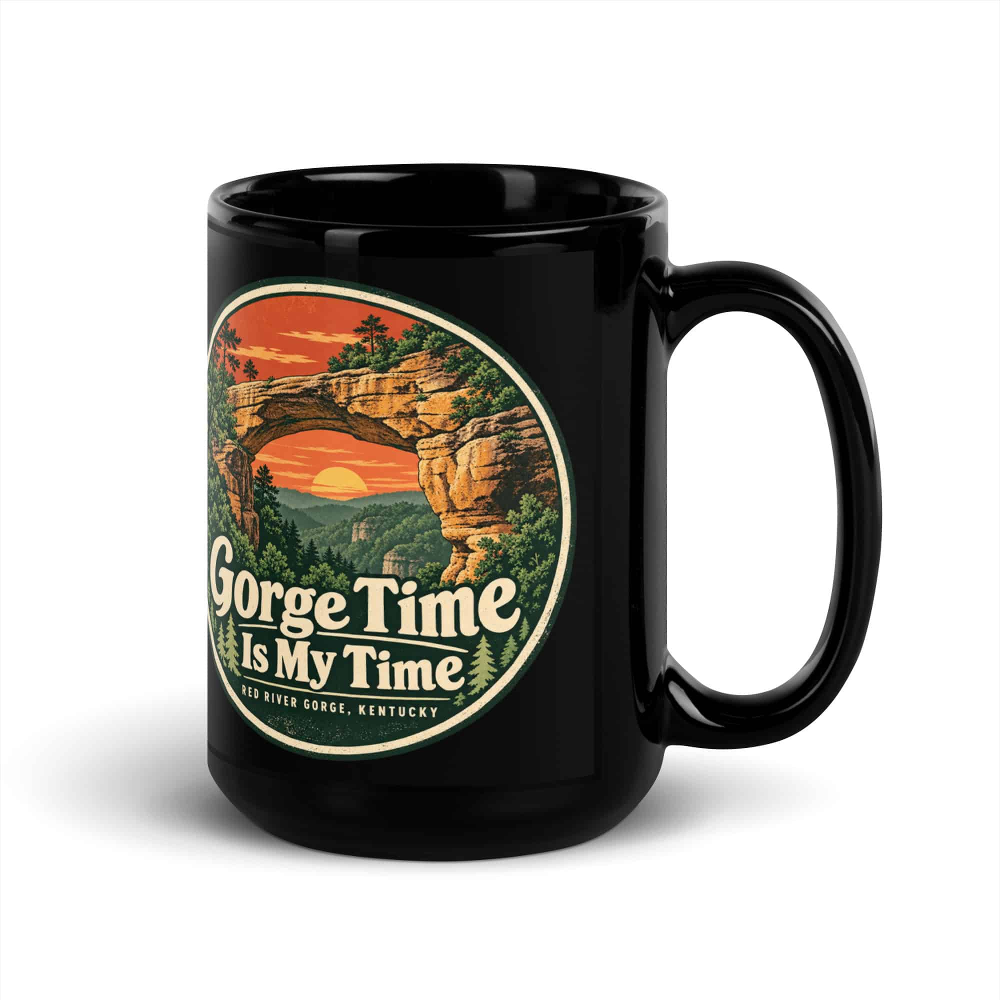 Red River Gorge Black Coffee Mug: Gorge Time Is My Time, Vintage Round Badge