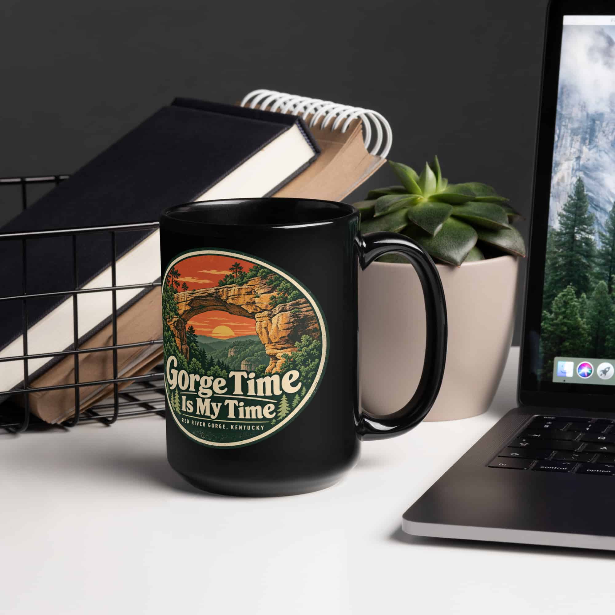 Red River Gorge Black Coffee Mug: Gorge Time Is My Time, Vintage Round Badge