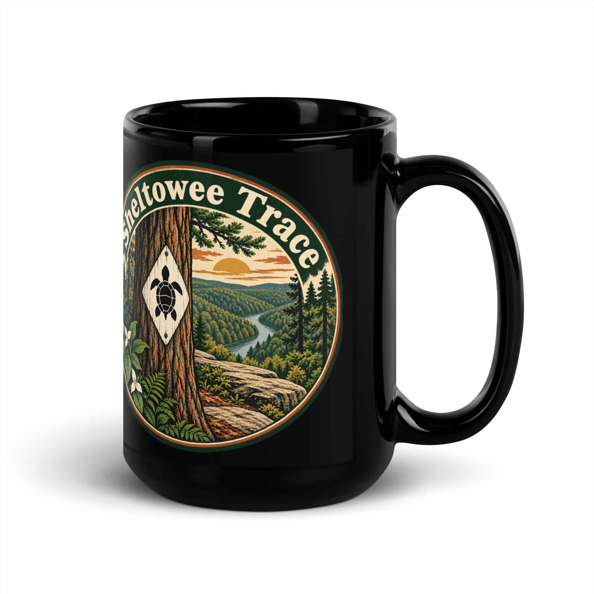 Sheltowee Trace Black Coffee Mug: Turtle Trail Badge
