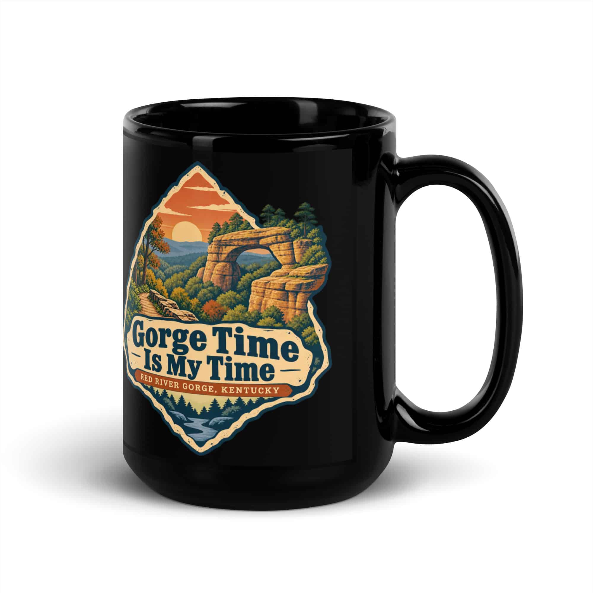 Red River Gorge Black Coffee Mug: Gorge Time Is My Time, Sunset Arch Badge