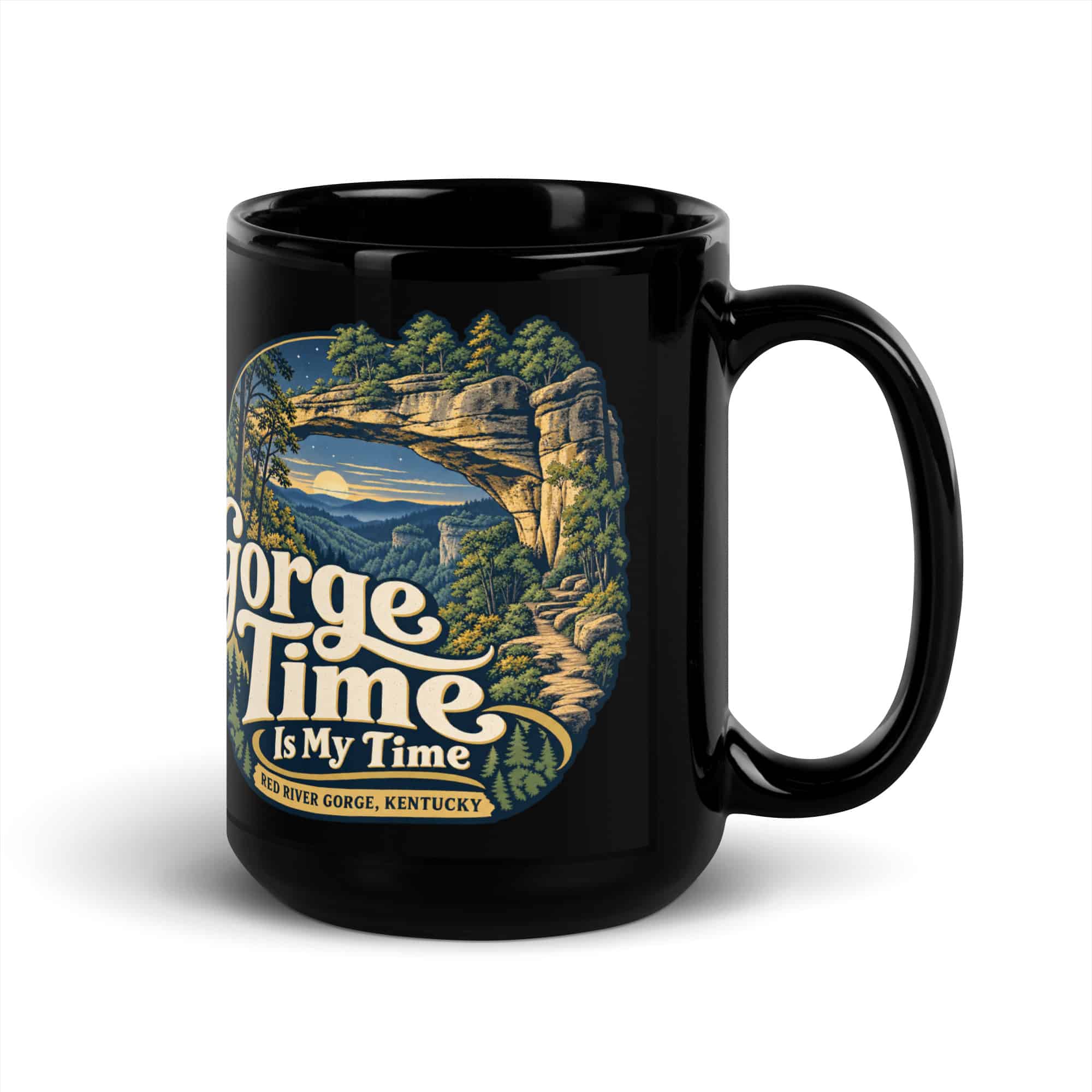 Red River Gorge Black Coffee Mug: Gorge Time Is My Time, Woodland Arch Typography