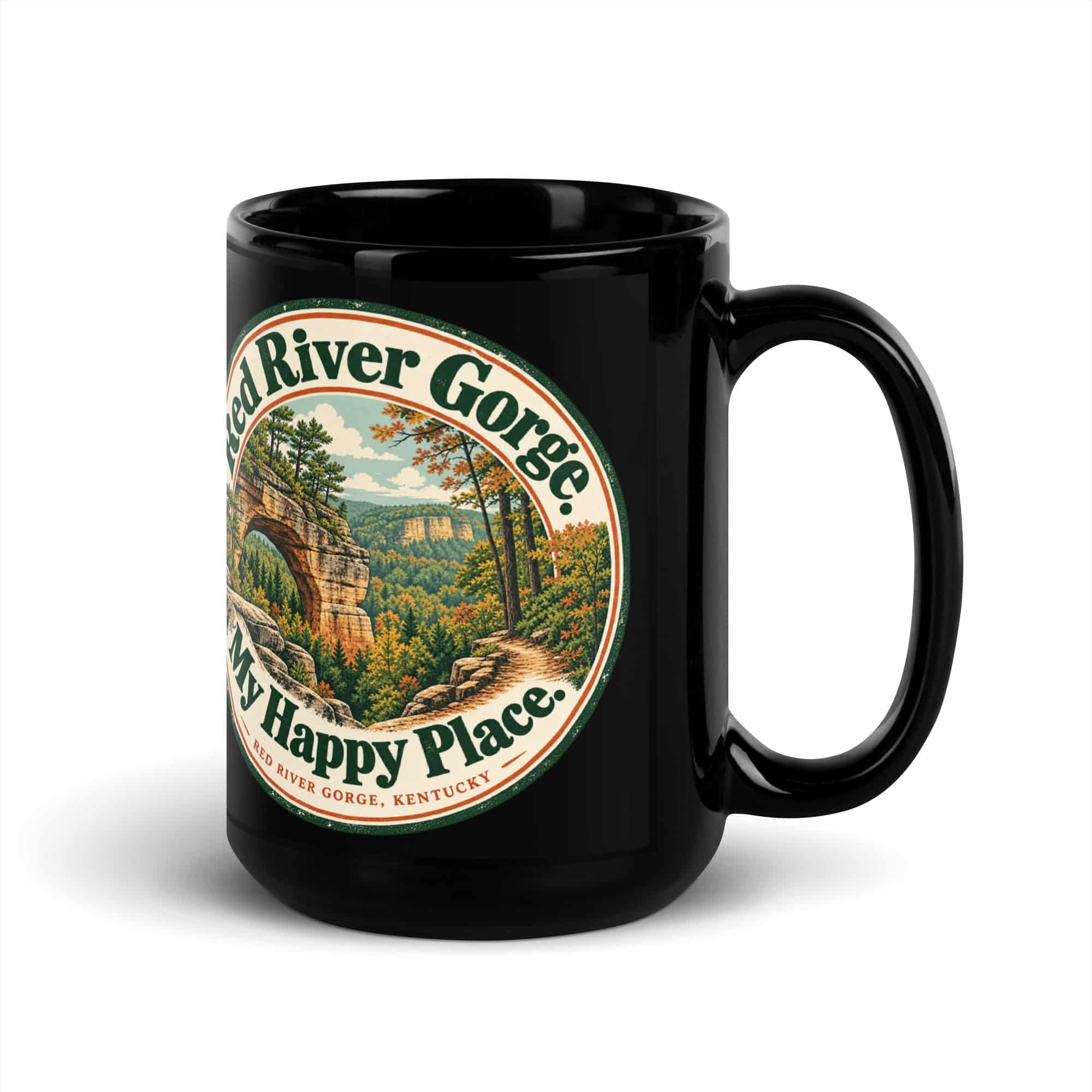 Red River Gorge Black Coffee Mug: Red River Gorge. My Happy Place., Vintage Round Badge