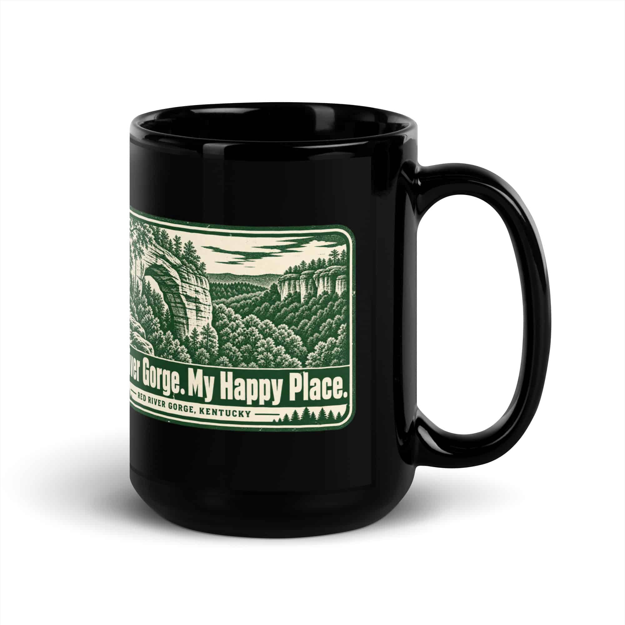 Red River Gorge Black Coffee Mug: Red River Gorge. My Happy Place, Forest Stamp