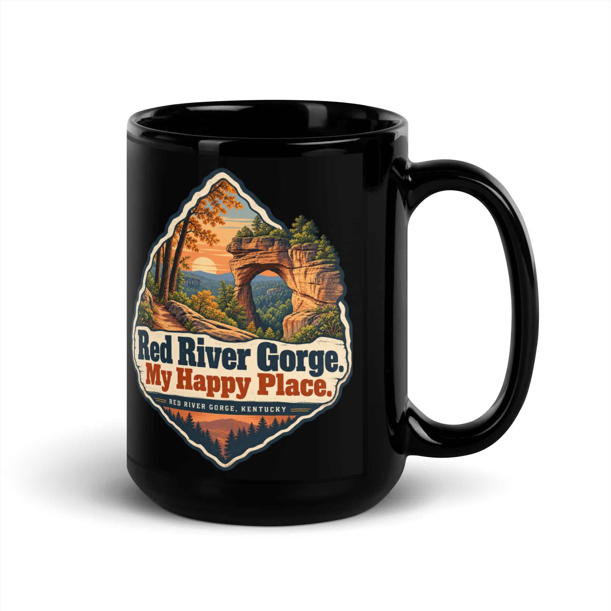 Red River Gorge Black Coffee Mug: Red River Gorge. My Happy Place, Sunset Arch Badge