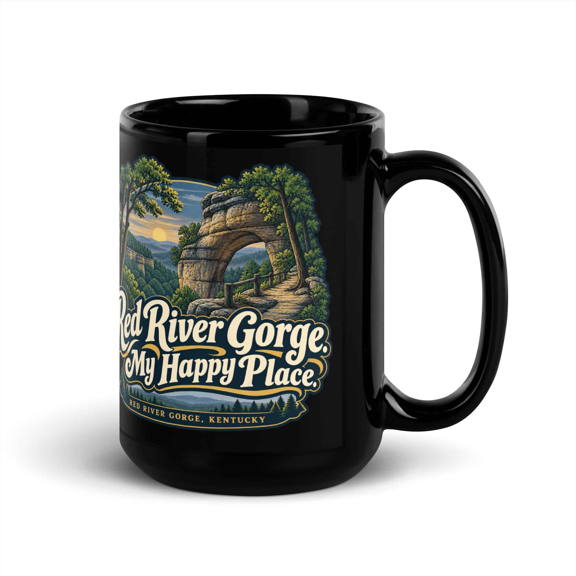 Red River Gorge Black Coffee Mug: Red River Gorge. My Happy Place, Woodland Arch Typography