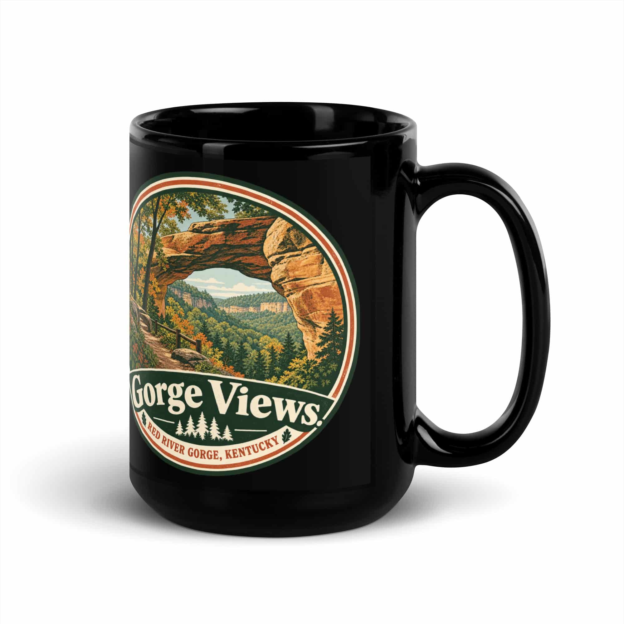Red River Gorge Black Coffee Mug: Gorge Views, Vintage Round Badge