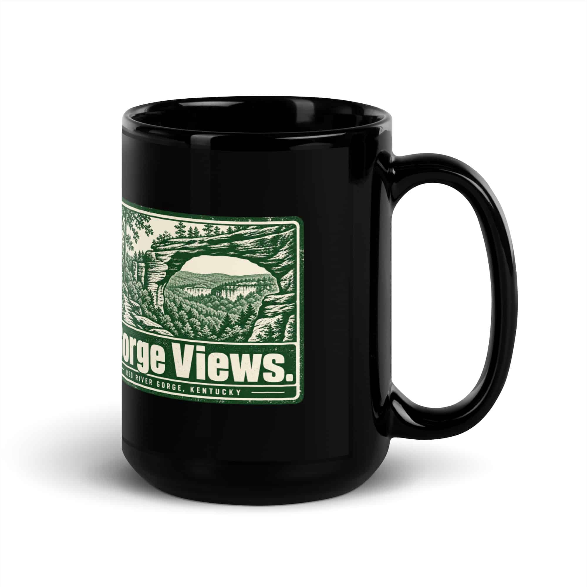 Red River Gorge Black Coffee Mug: Gorge Views, Forest Stamp