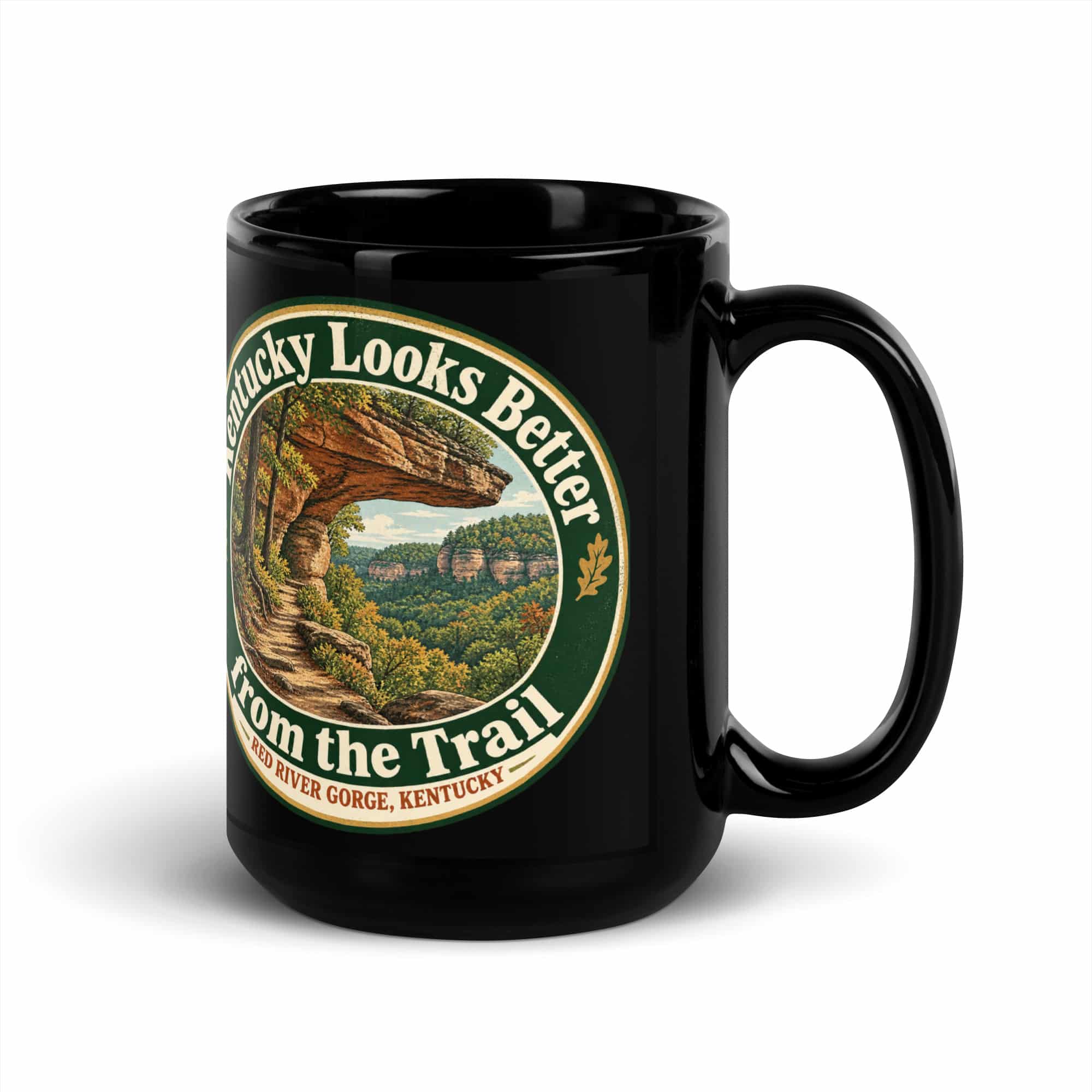 Red River Gorge Black Coffee Mug: Kentucky Looks Better from the Trail, Vintage Round Badge