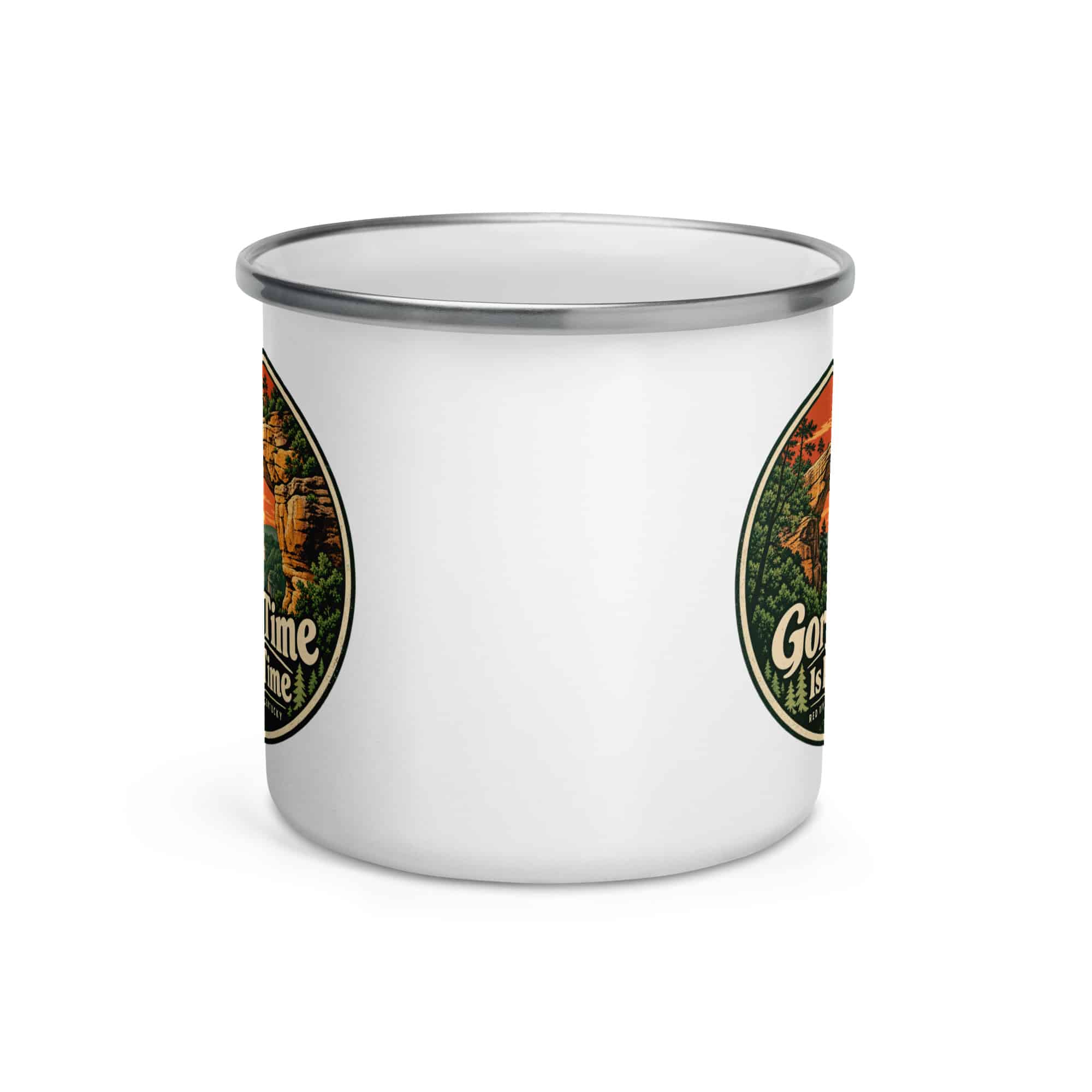 Red River Gorge Enamel Camp Mug: Gorge Time Is My Time, Vintage Round Badge