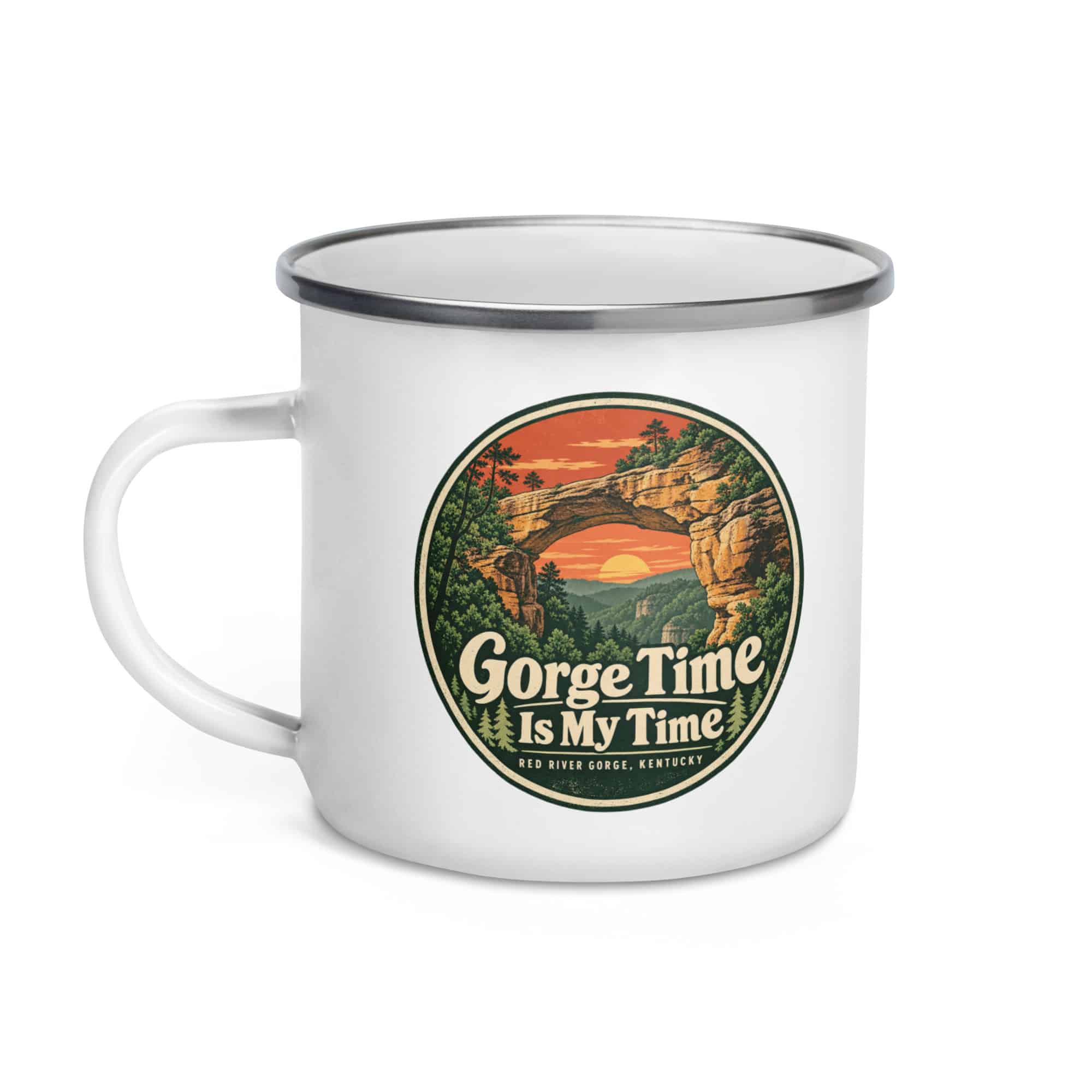 Red River Gorge Enamel Camp Mug: Gorge Time Is My Time, Vintage Round Badge