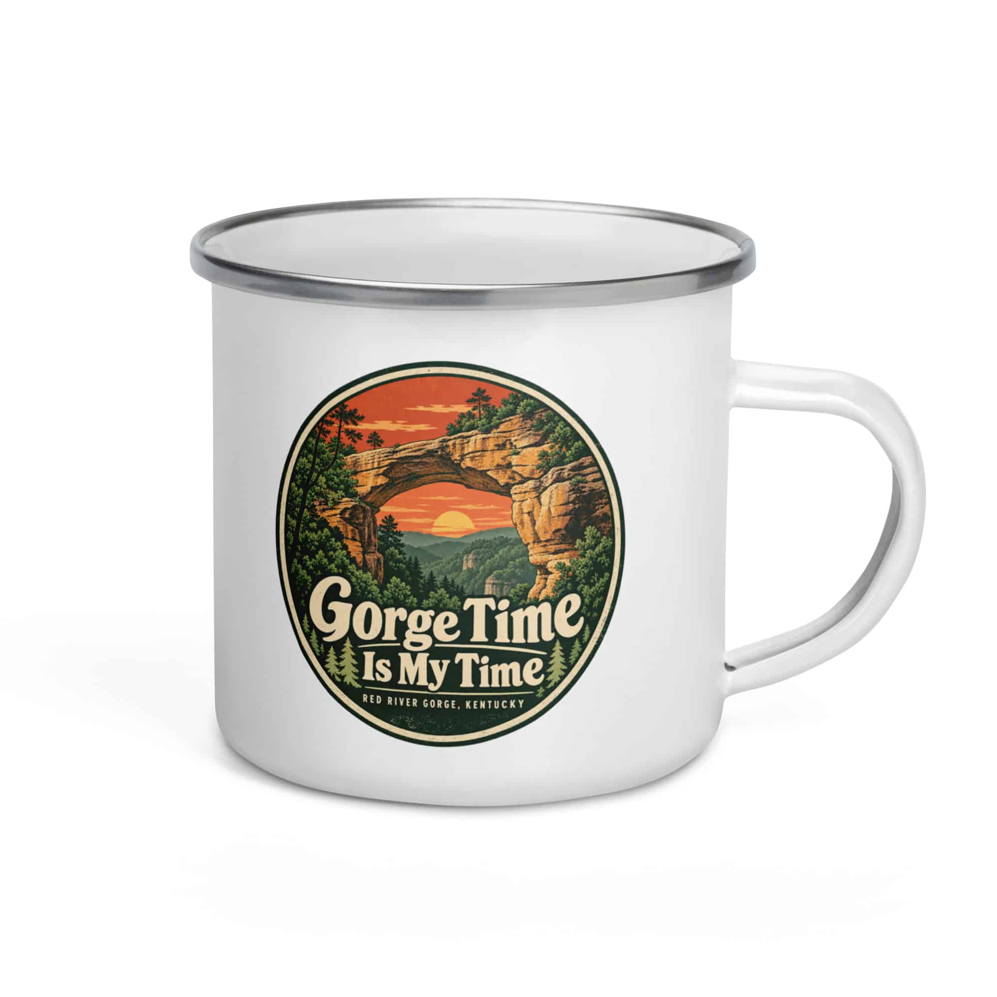 Red River Gorge Enamel Camp Mug: Gorge Time Is My Time, Vintage Round Badge
