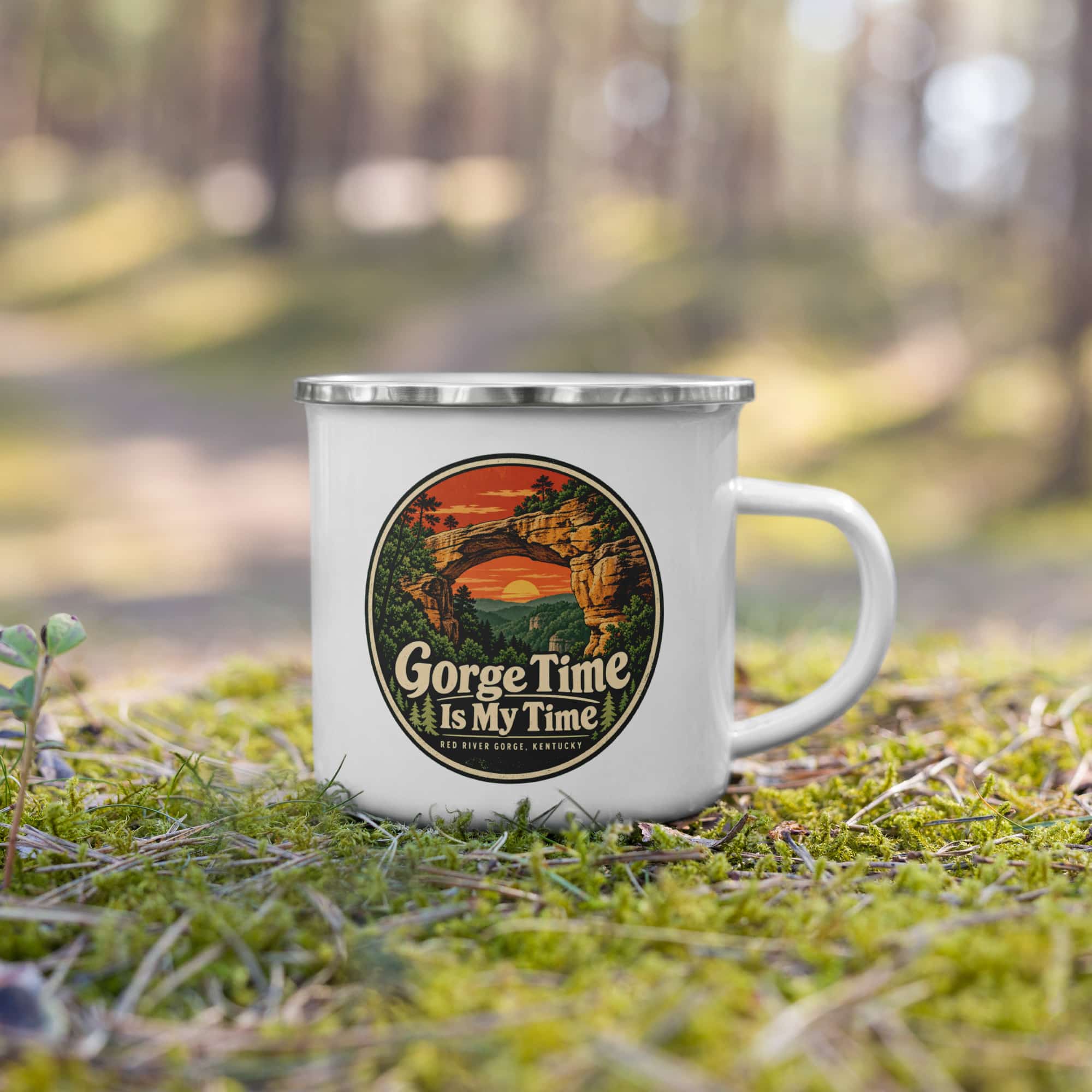 Red River Gorge Enamel Camp Mug: Gorge Time Is My Time, Vintage Round Badge