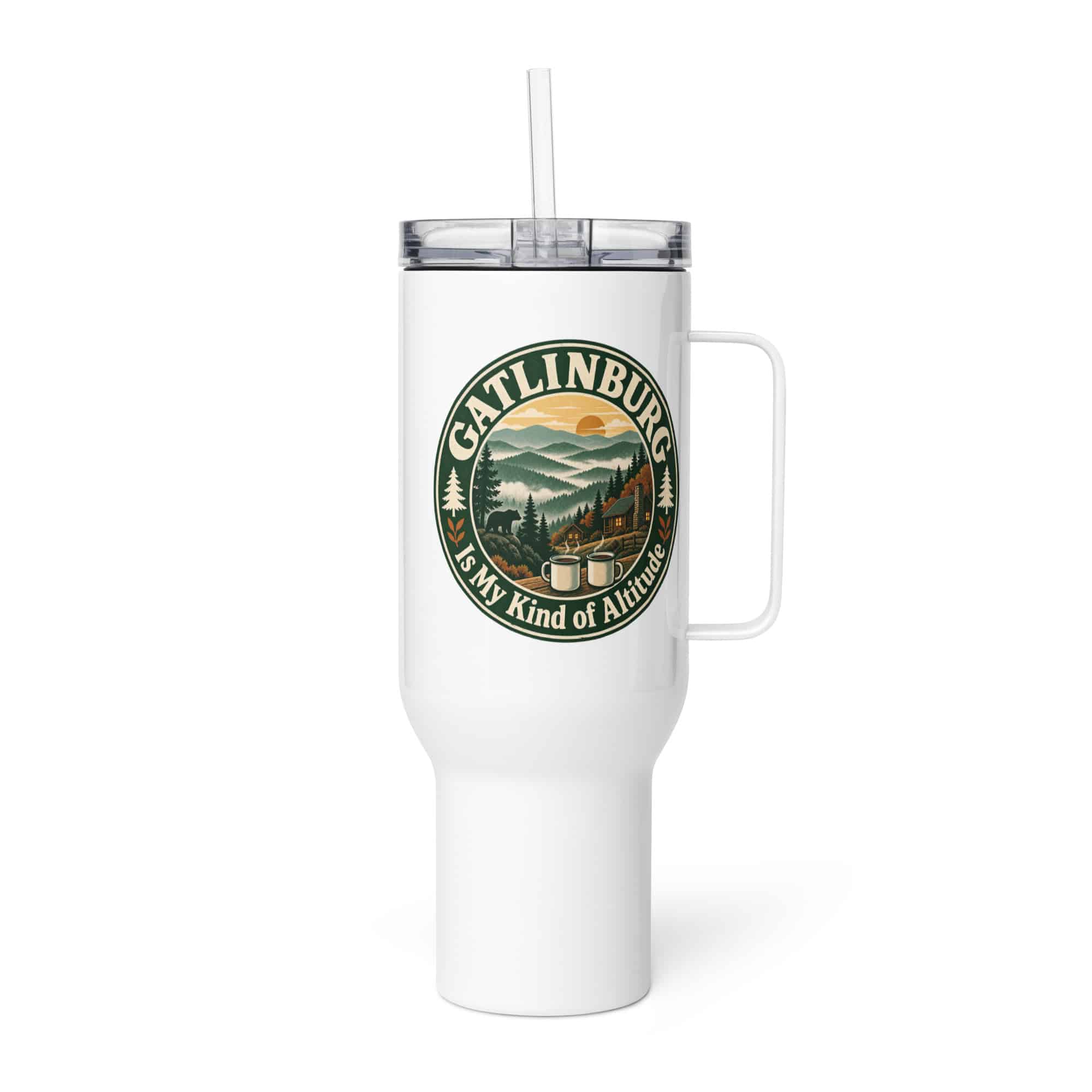Gatlinburg and the Smokies Travel Mug: Gatlinburg Is My Kind of Altitude, Vintage Round Badge