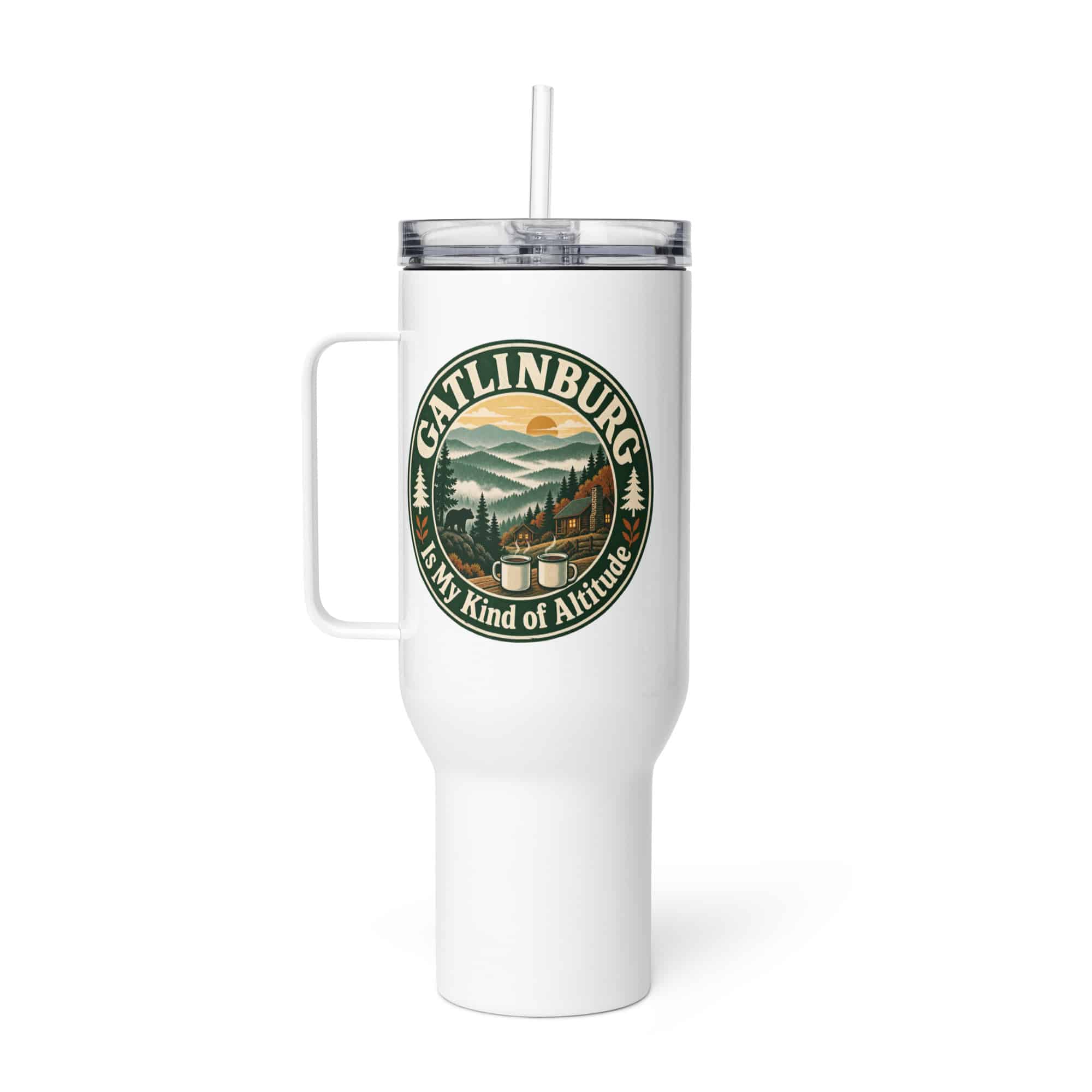 Gatlinburg and the Smokies Travel Mug: Gatlinburg Is My Kind of Altitude, Vintage Round Badge