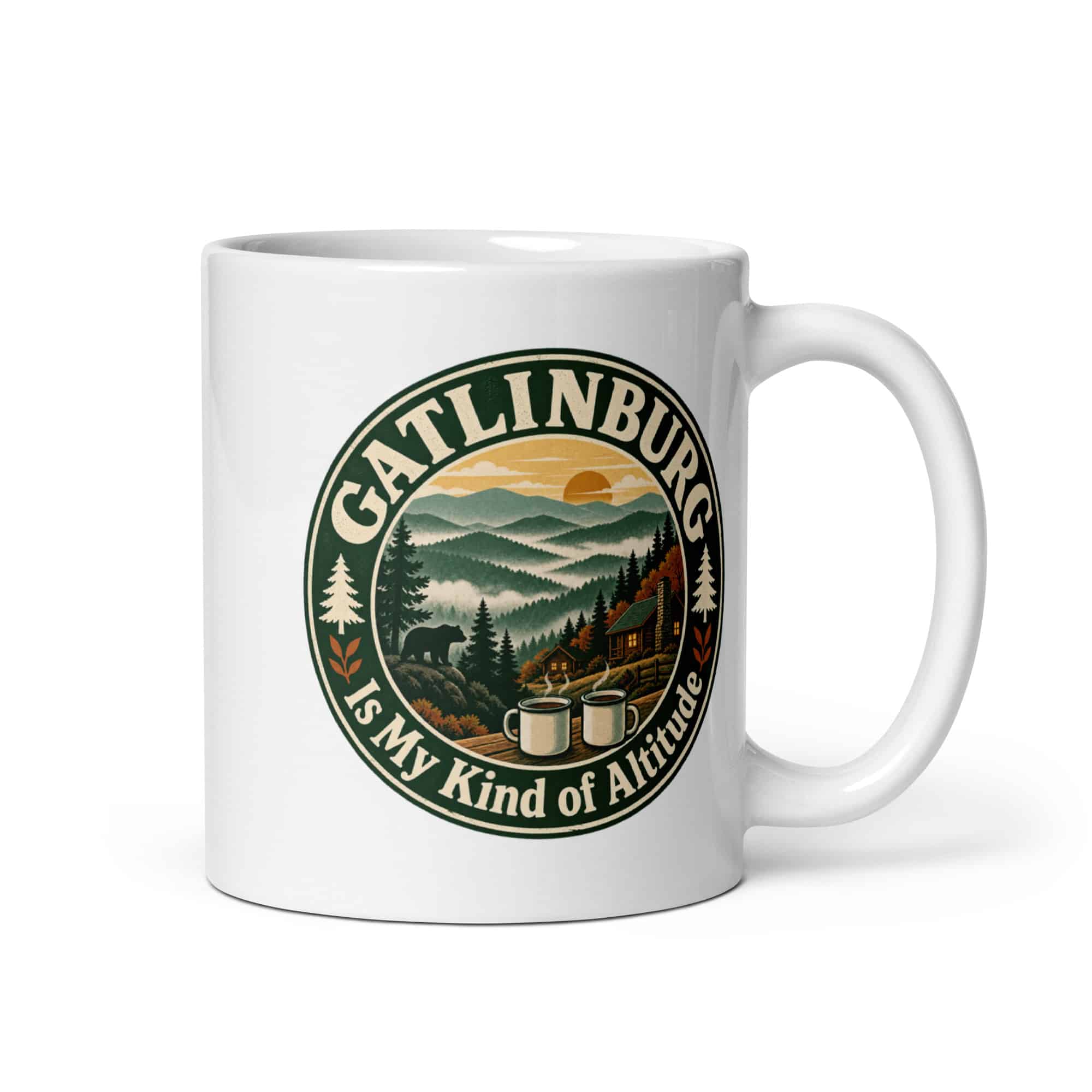 Gatlinburg and the Smokies White Ceramic Coffee Mug: Gatlinburg Is My Kind of Altitude, Vintage Round Badge