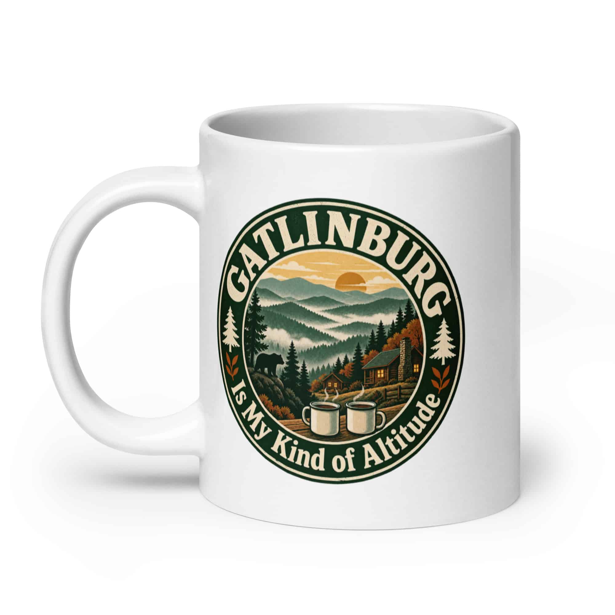 Gatlinburg and the Smokies White Ceramic Coffee Mug: Gatlinburg Is My Kind of Altitude, Vintage Round Badge