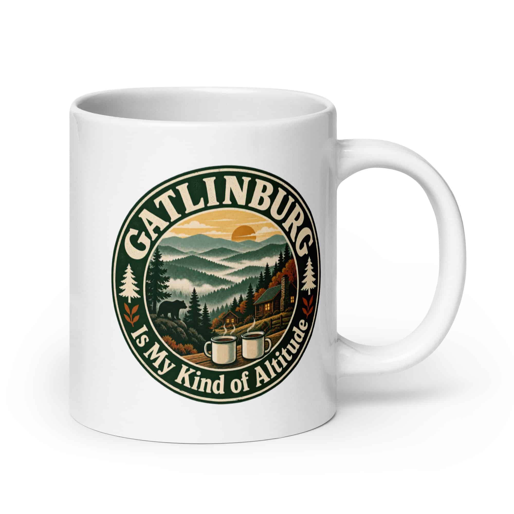 Gatlinburg and the Smokies White Ceramic Coffee Mug: Gatlinburg Is My Kind of Altitude, Vintage Round Badge